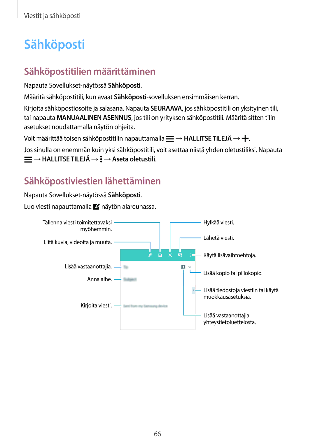 Samsung SM-A500FZWUNEE manual Sähköpostitilien määrittäminen, →HALLITSE Tilejä → →Aseta oletustili 