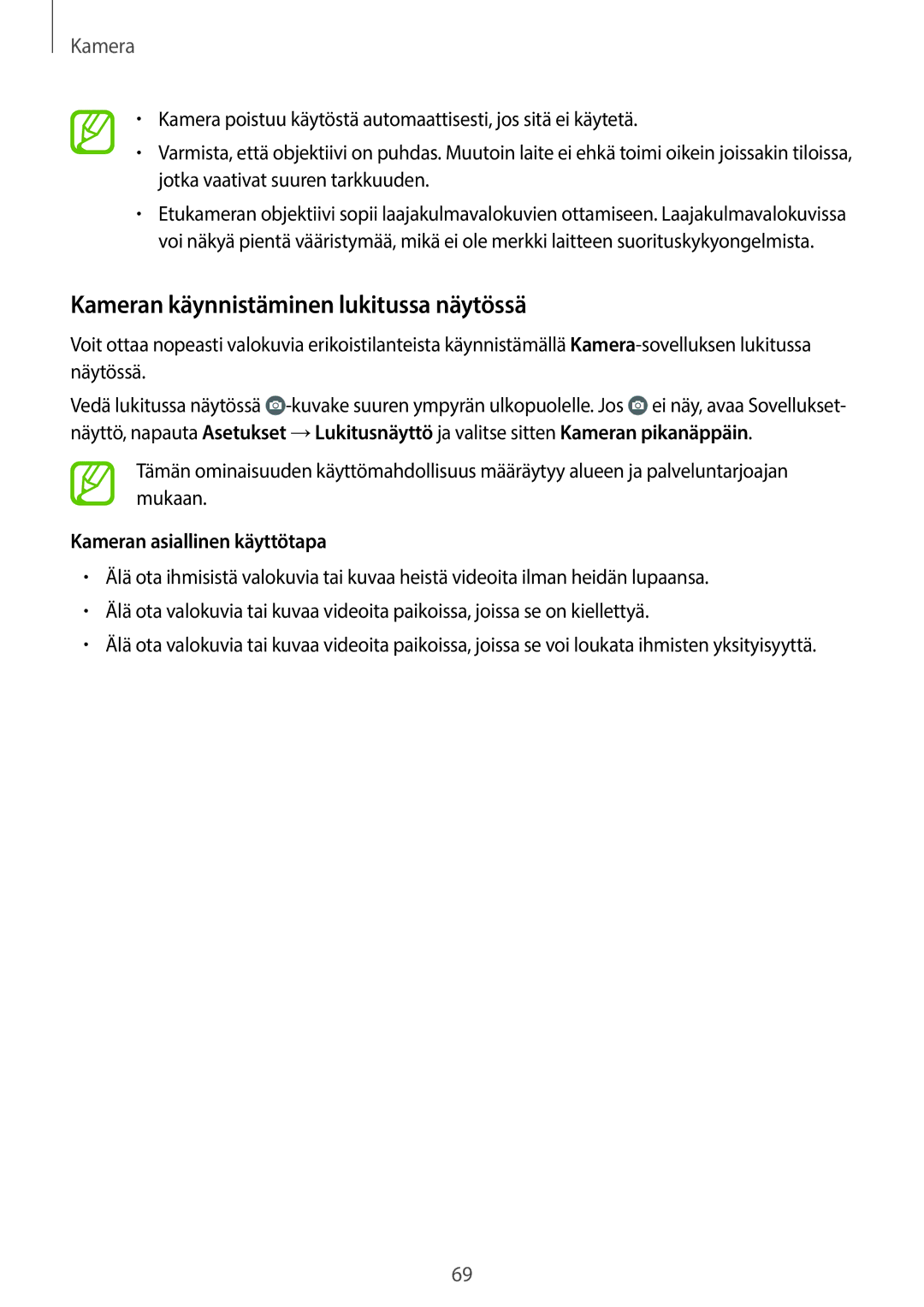 Samsung SM-A500FZWUNEE manual Kameran käynnistäminen lukitussa näytössä, Kameran asiallinen käyttötapa 