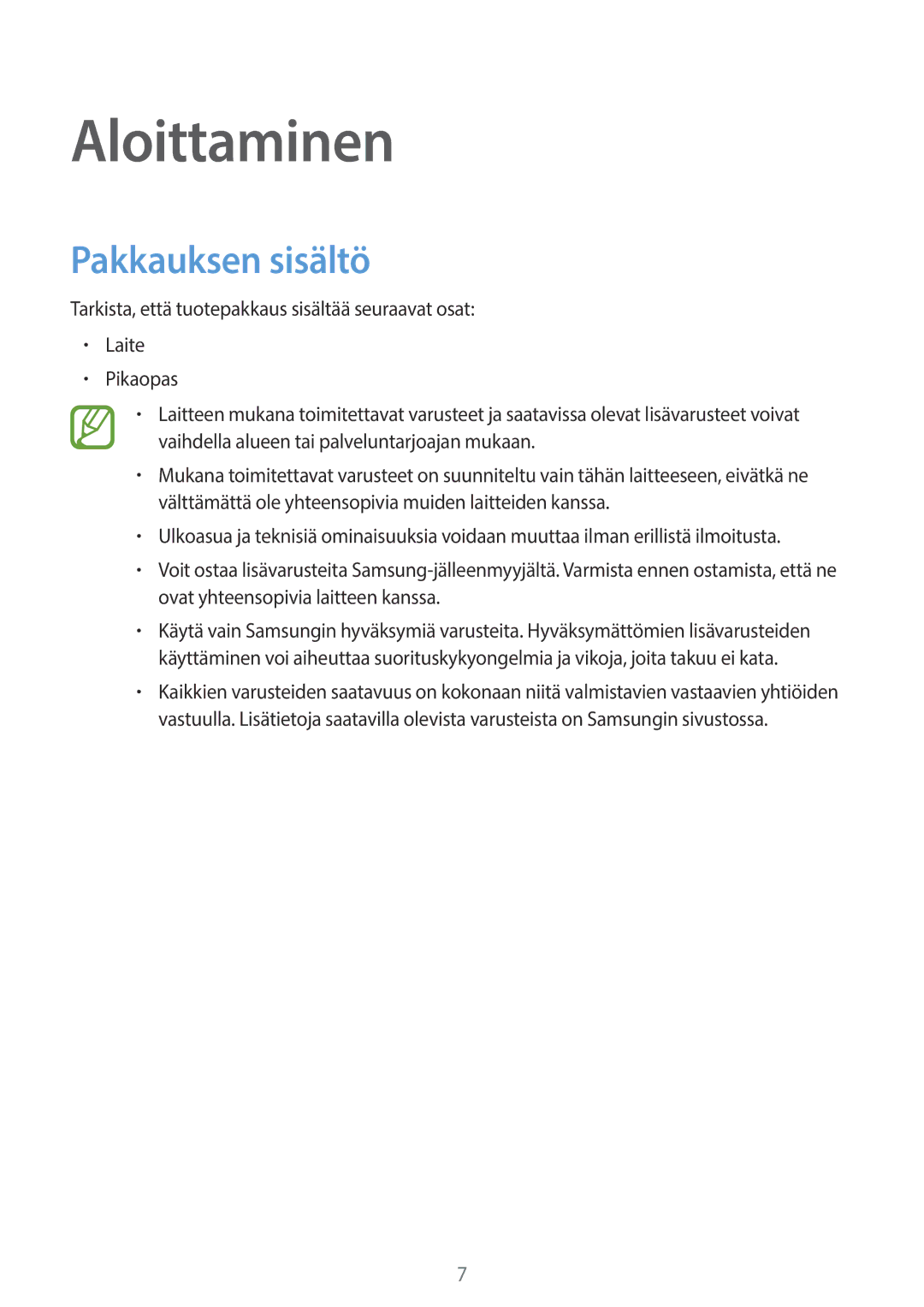 Samsung SM-A500FZWUNEE manual Aloittaminen, Pakkauksen sisältö 