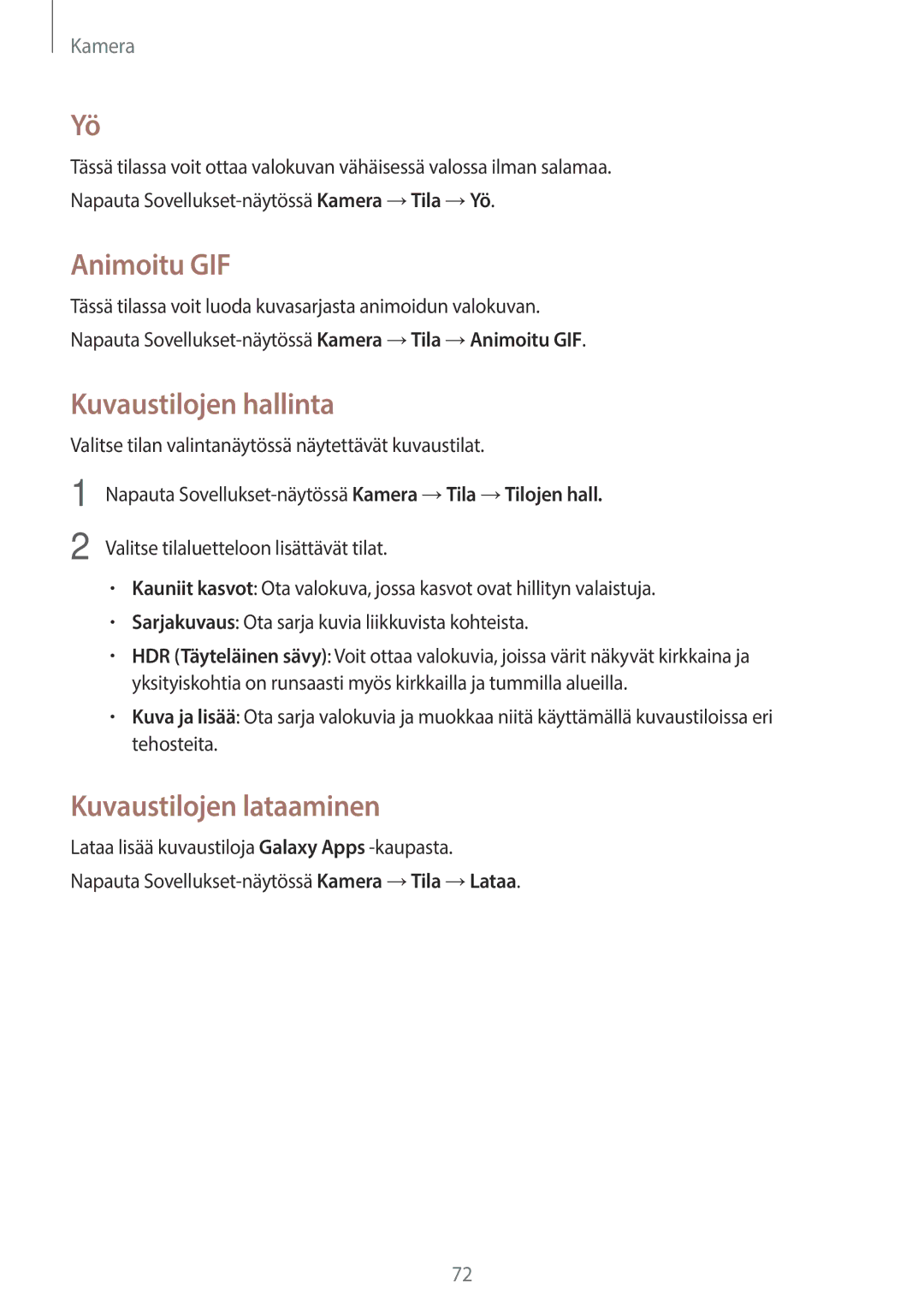 Samsung SM-A500FZWUNEE manual Animoitu GIF, Kuvaustilojen hallinta, Kuvaustilojen lataaminen 