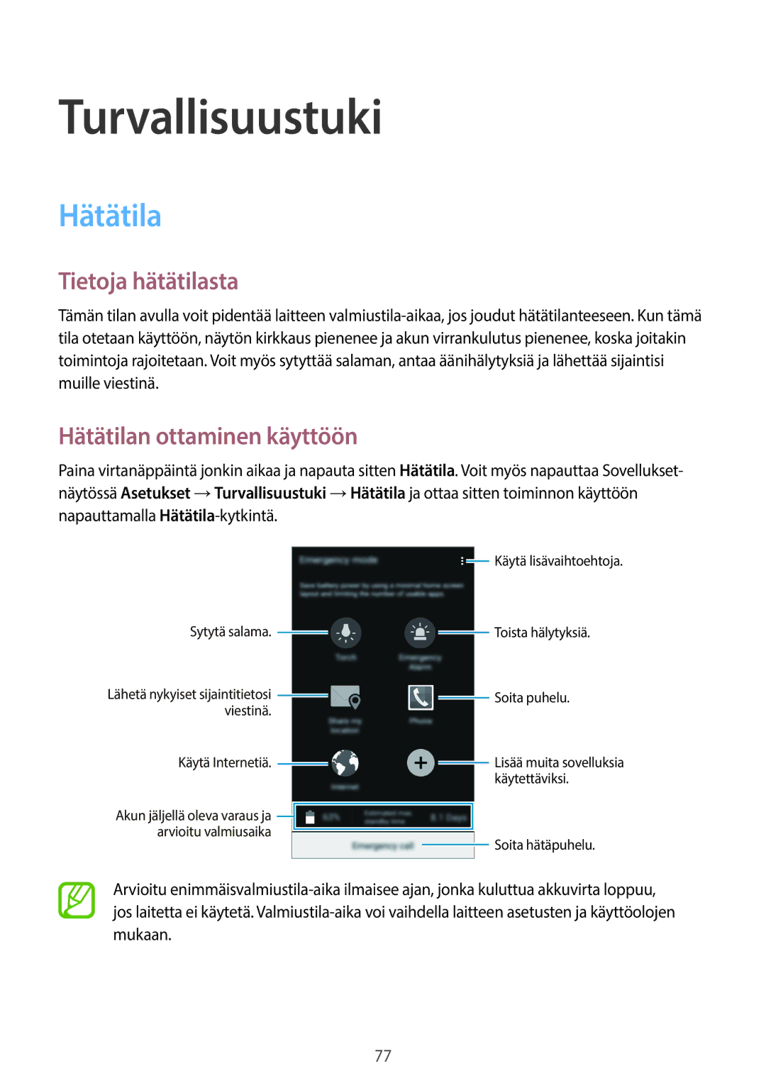 Samsung SM-A500FZWUNEE manual Turvallisuustuki, Tietoja hätätilasta, Hätätilan ottaminen käyttöön 