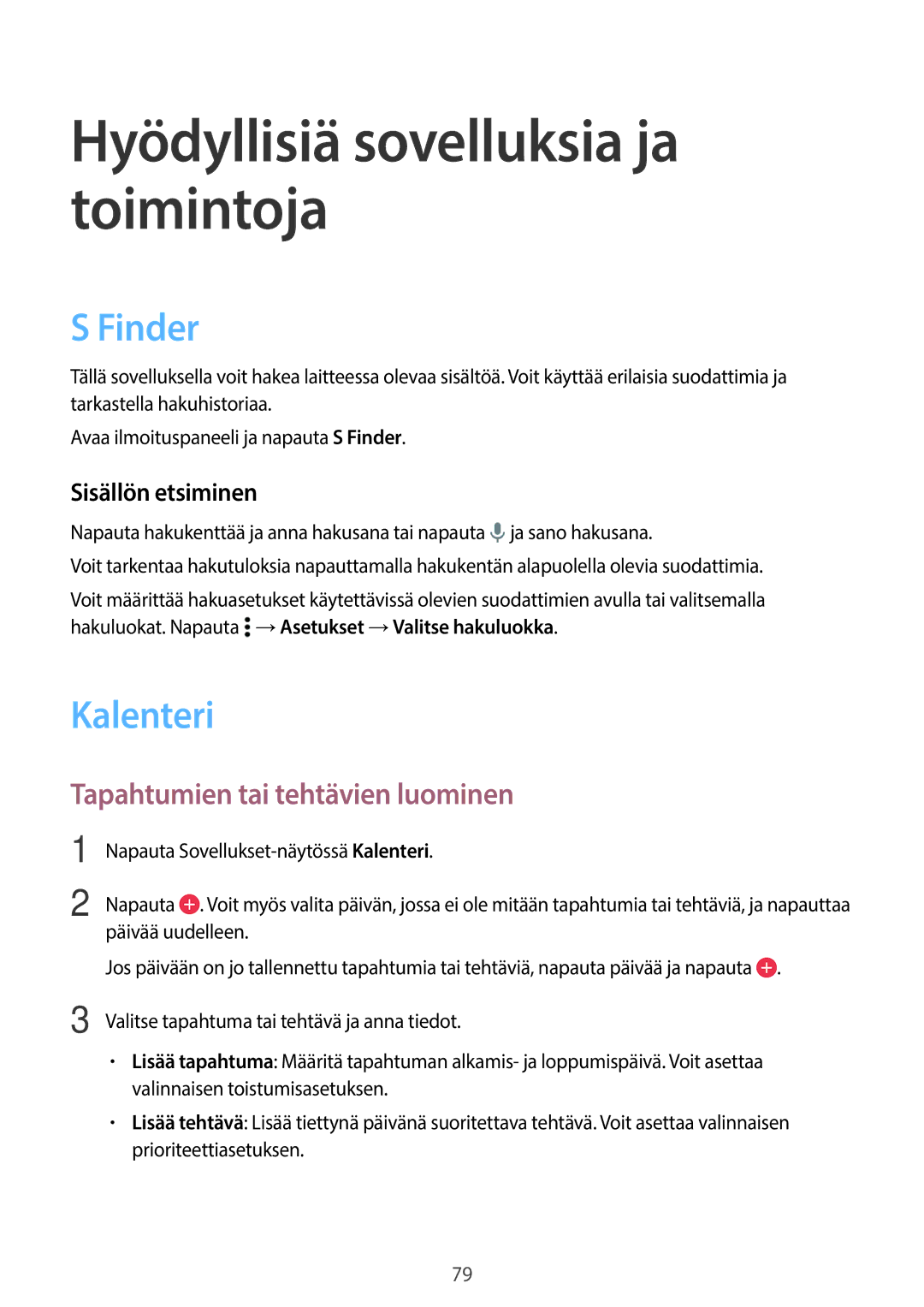 Samsung SM-A500FZWUNEE manual Finder, Kalenteri, Tapahtumien tai tehtävien luominen, Sisällön etsiminen 