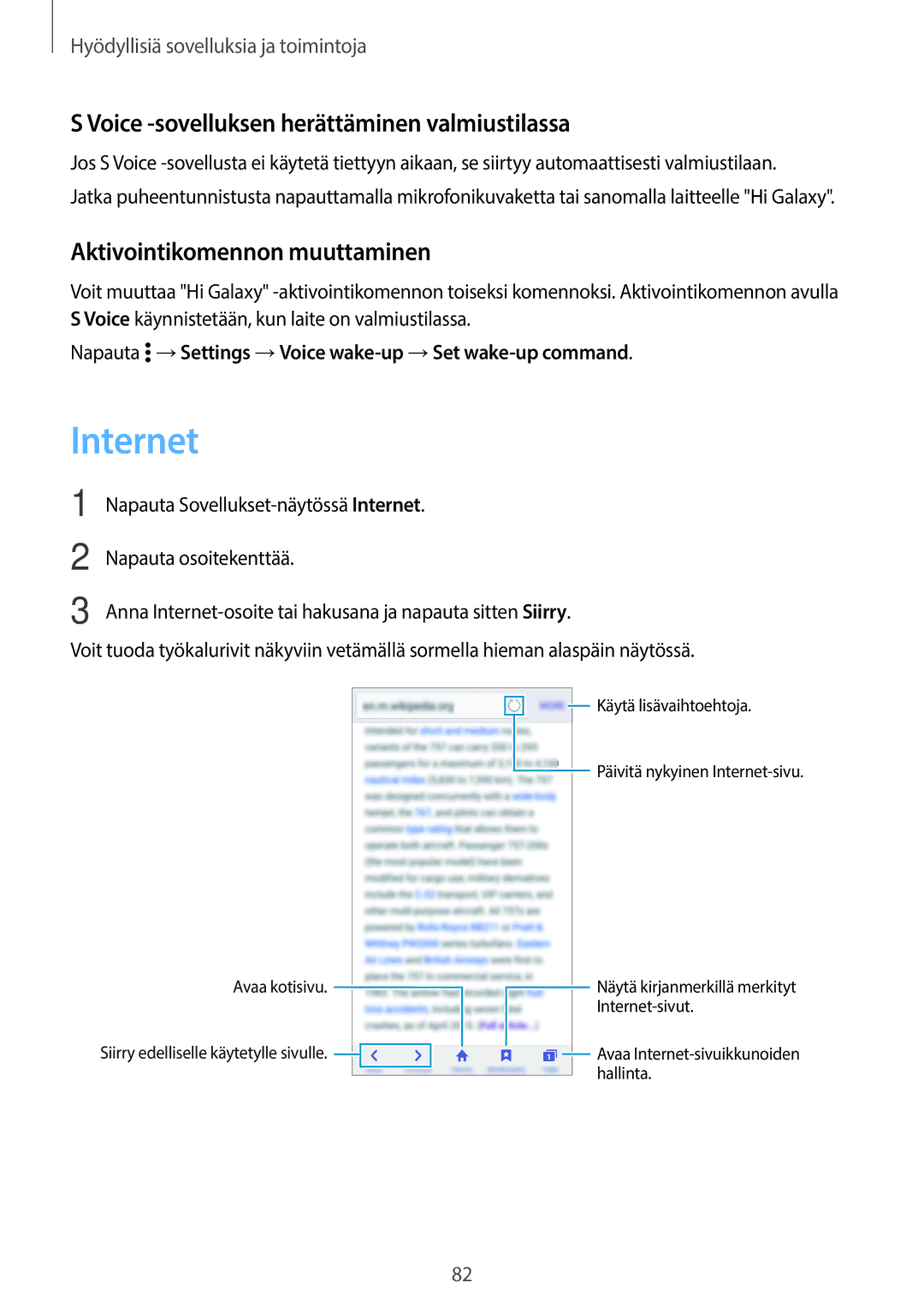 Samsung SM-A500FZWUNEE manual Internet, Voice -sovelluksen herättäminen valmiustilassa, Aktivointikomennon muuttaminen 