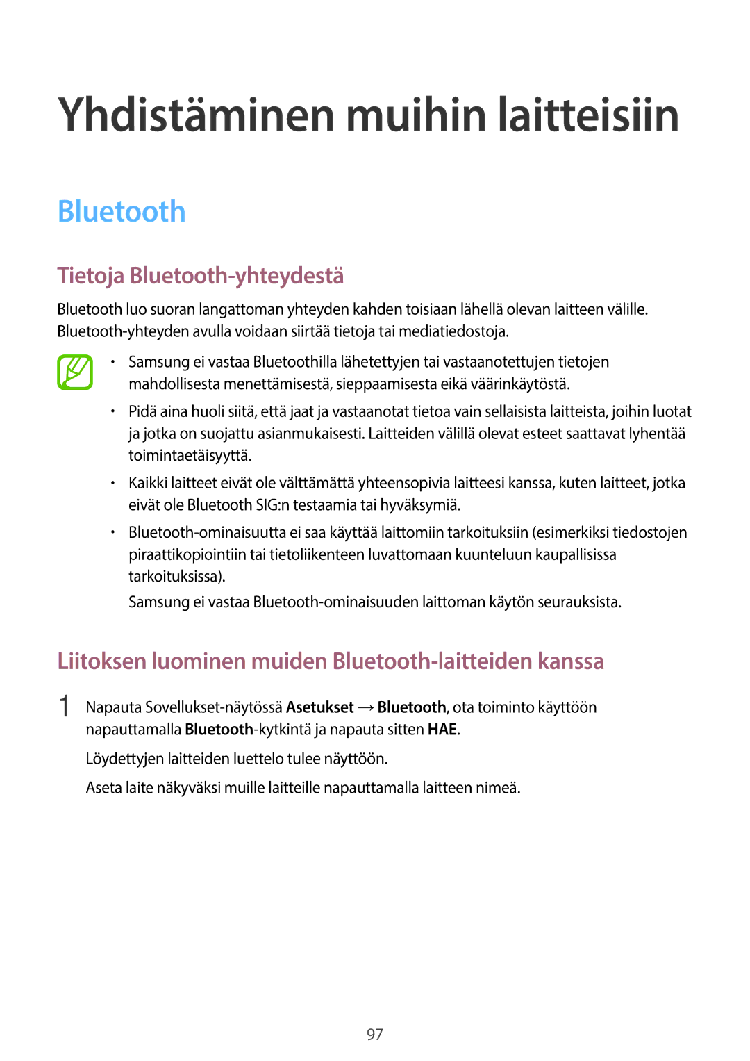 Samsung SM-A500FZWUNEE manual Tietoja Bluetooth-yhteydestä, Liitoksen luominen muiden Bluetooth-laitteiden kanssa 