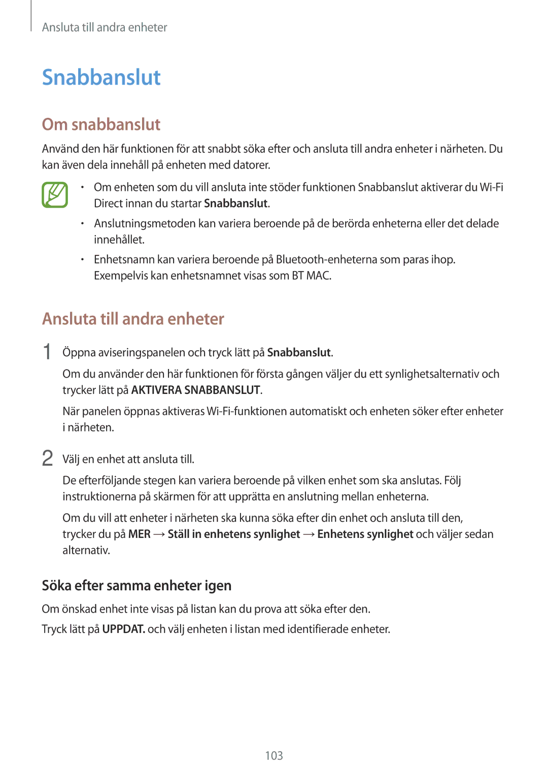 Samsung SM-A500FZWUNEE manual Snabbanslut, Om snabbanslut, Söka efter samma enheter igen 