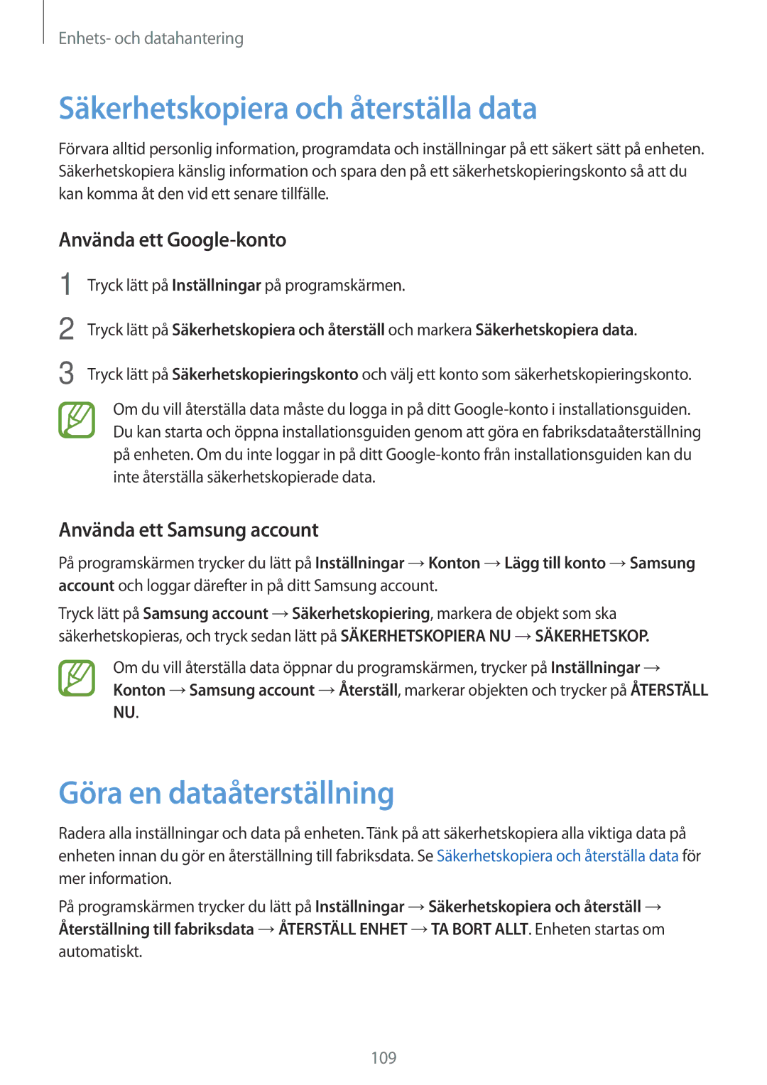 Samsung SM-A500FZWUNEE manual Säkerhetskopiera och återställa data, Göra en dataåterställning, Använda ett Google-konto 