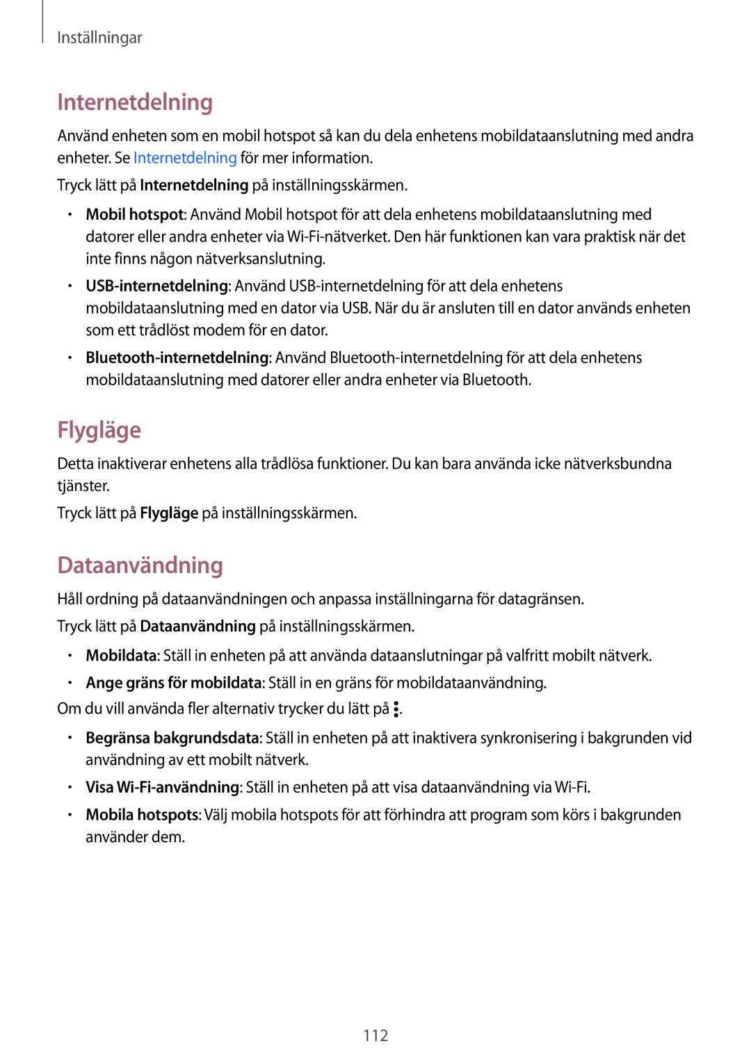 Samsung SM-A500FZWUNEE manual Internetdelning, Flygläge, Dataanvändning 