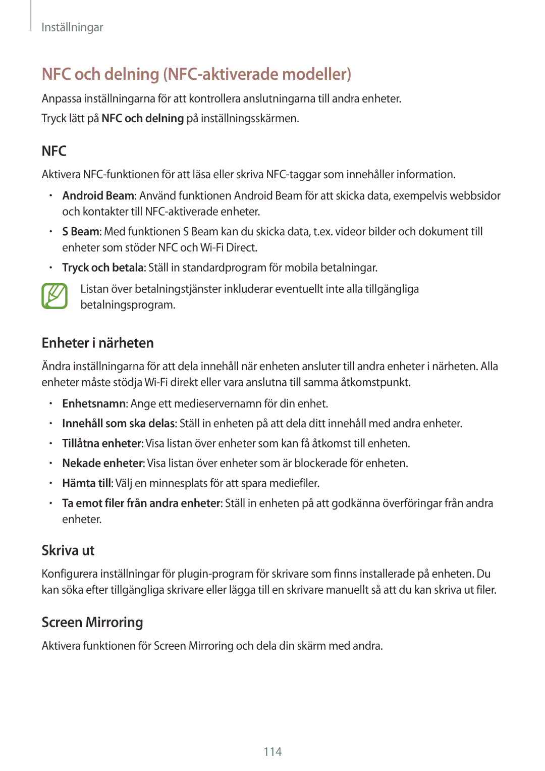 Samsung SM-A500FZWUNEE manual NFC och delning NFC-aktiverade modeller, Enheter i närheten, Skriva ut, Screen Mirroring 