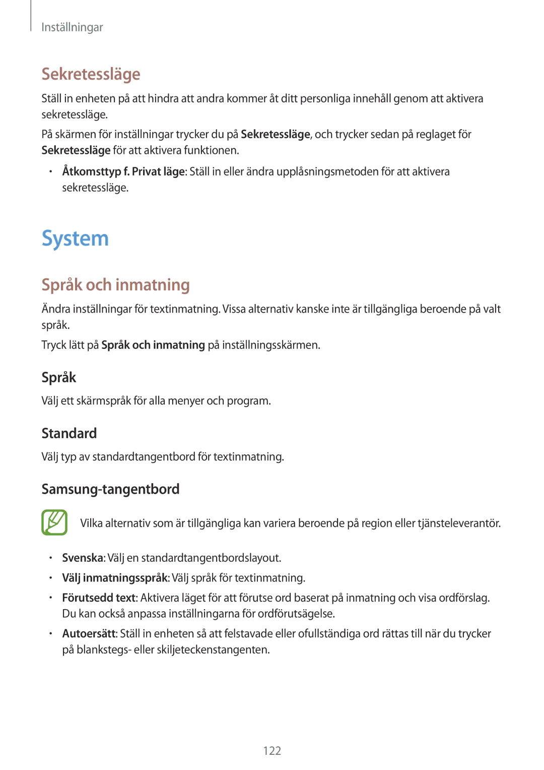 Samsung SM-A500FZWUNEE manual System, Sekretessläge, Språk och inmatning 