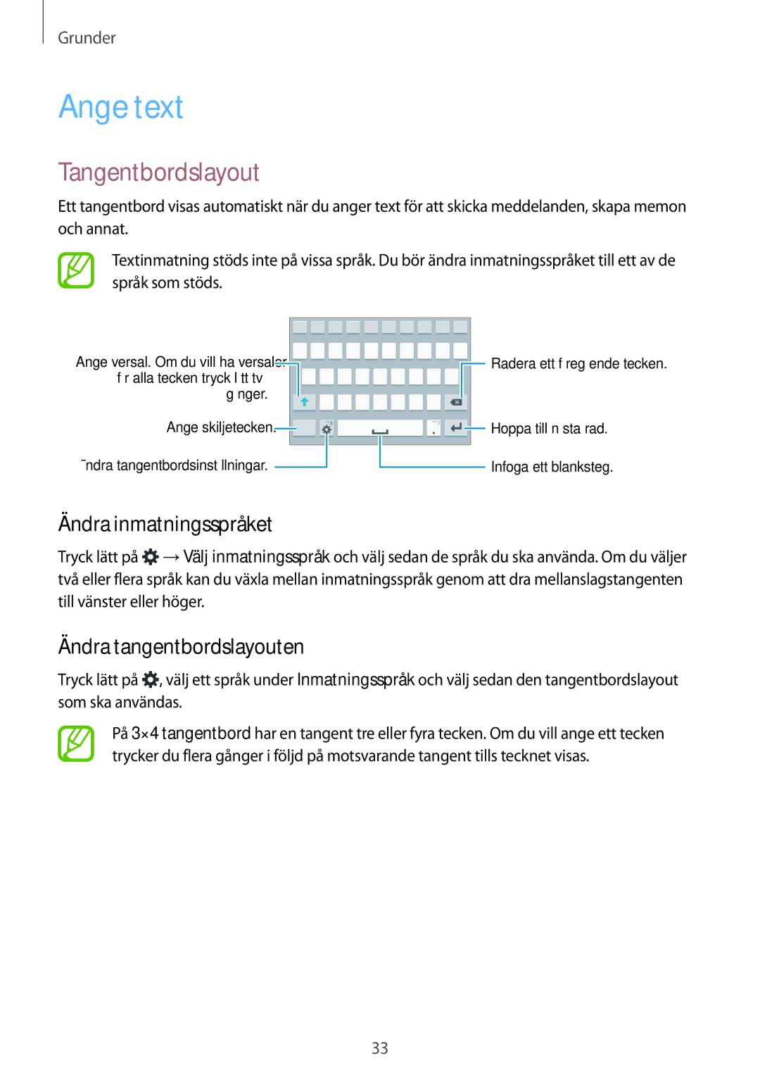 Samsung SM-A500FZWUNEE manual Ange text, Tangentbordslayout, Ändra inmatningsspråket, Ändra tangentbordslayouten 