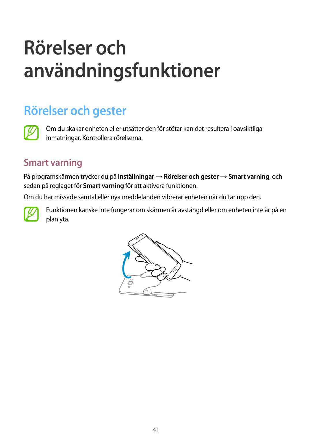 Samsung SM-A500FZWUNEE manual Rörelser och gester, Smart varning 