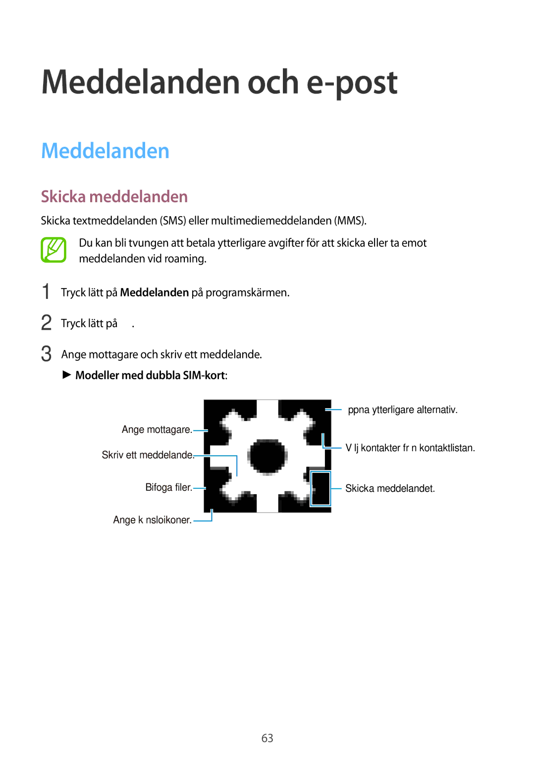 Samsung SM-A500FZWUNEE manual Meddelanden och e-post, Skicka meddelanden, Modeller med dubbla SIM-kort 