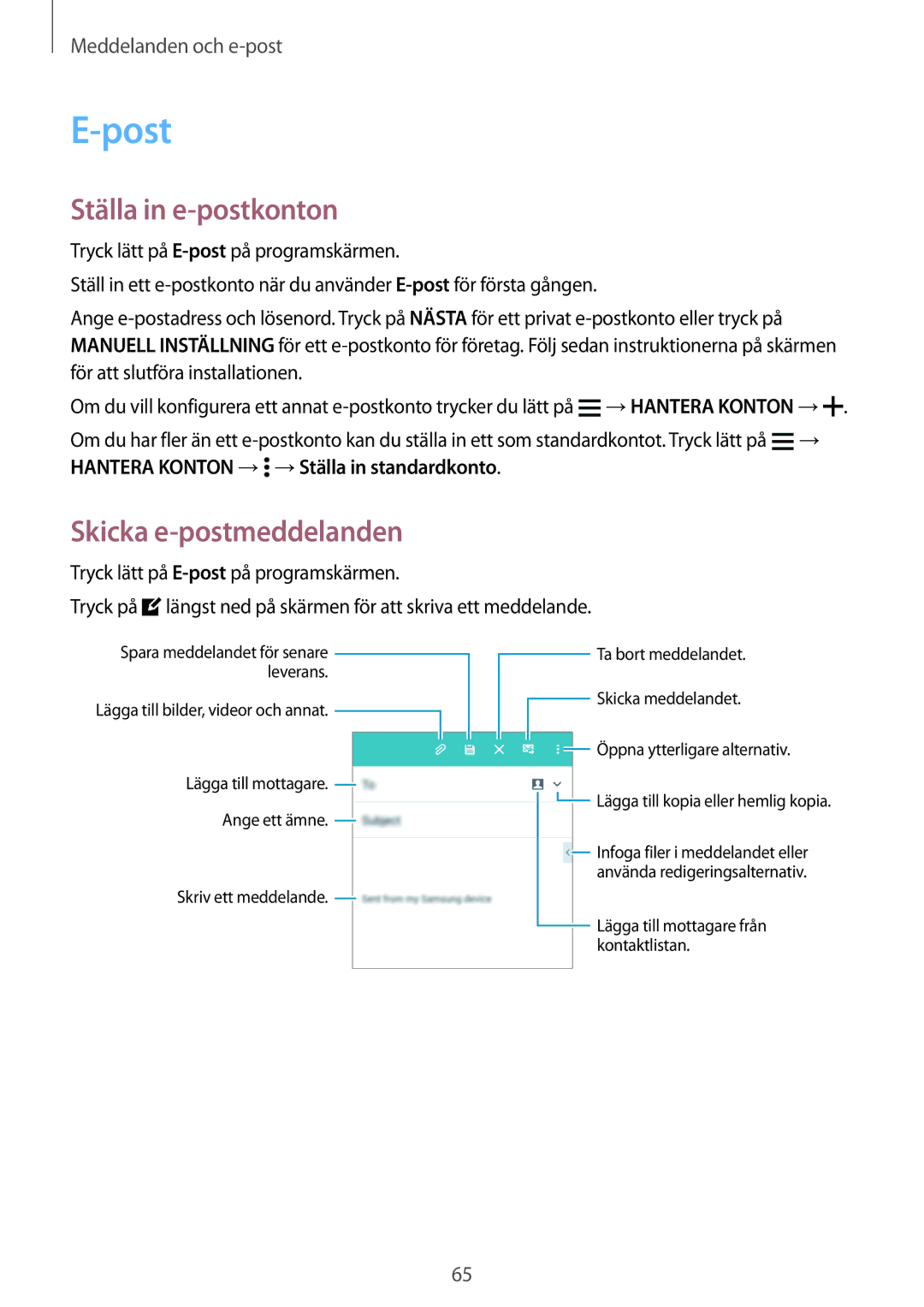 Samsung SM-A500FZWUNEE manual Post, Ställa in e-postkonton, Skicka e-postmeddelanden 