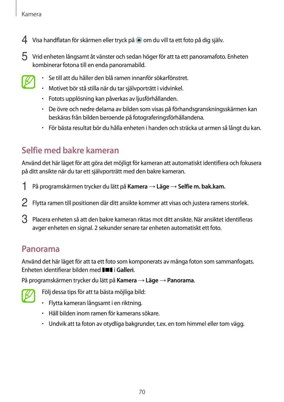 Samsung SM-A500FZWUNEE manual Selfie med bakre kameran, Panorama, Enheten identifierar bilden med i Galleri 