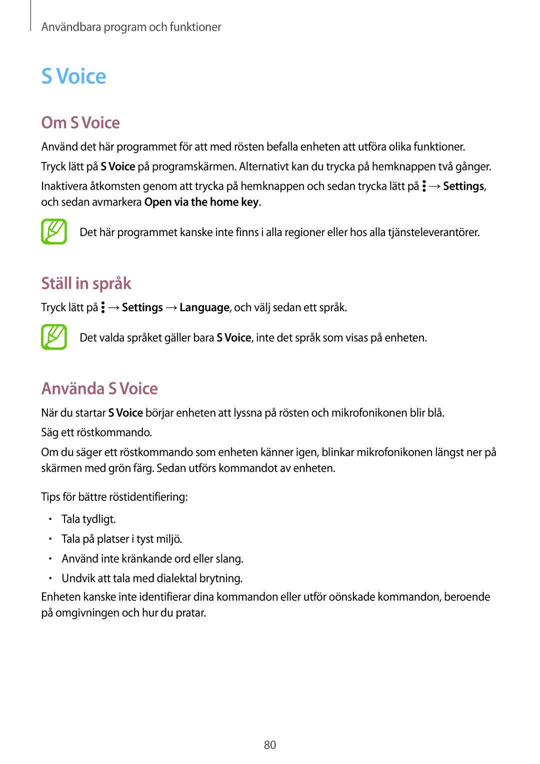 Samsung SM-A500FZWUNEE manual Om S Voice, Ställ in språk, Använda S Voice 