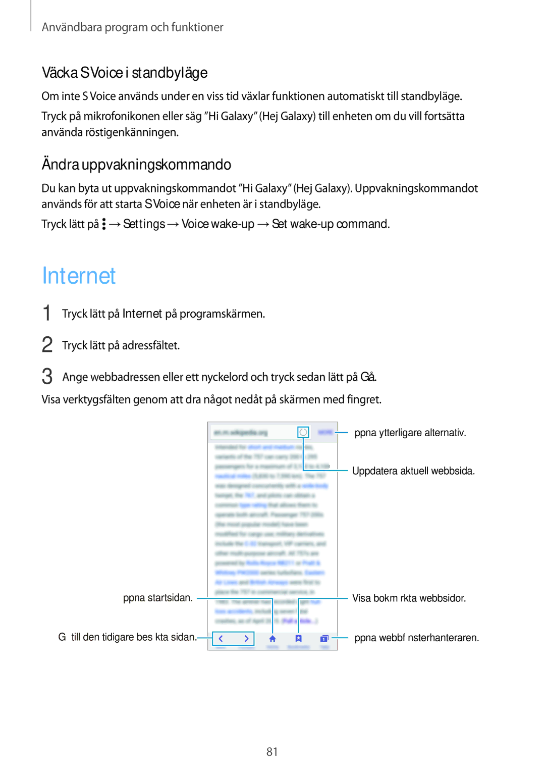 Samsung SM-A500FZWUNEE manual Internet, Väcka S Voice i standbyläge, Ändra uppvakningskommando 