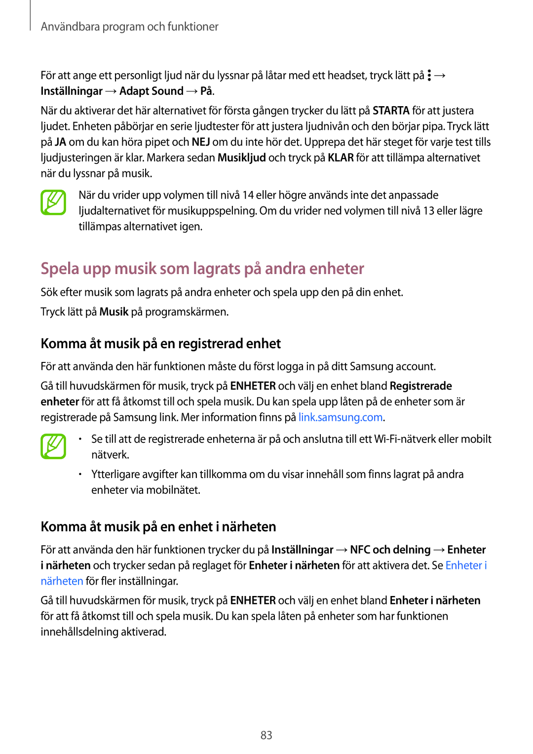 Samsung SM-A500FZWUNEE manual Spela upp musik som lagrats på andra enheter, Komma åt musik på en registrerad enhet 