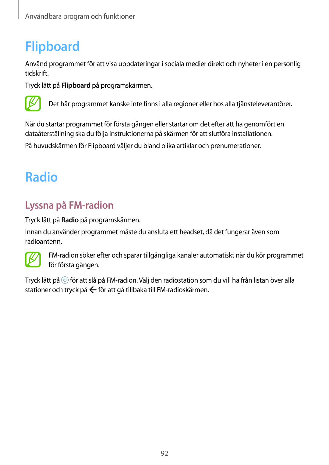 Samsung SM-A500FZWUNEE manual Flipboard, Radio, Lyssna på FM-radion 