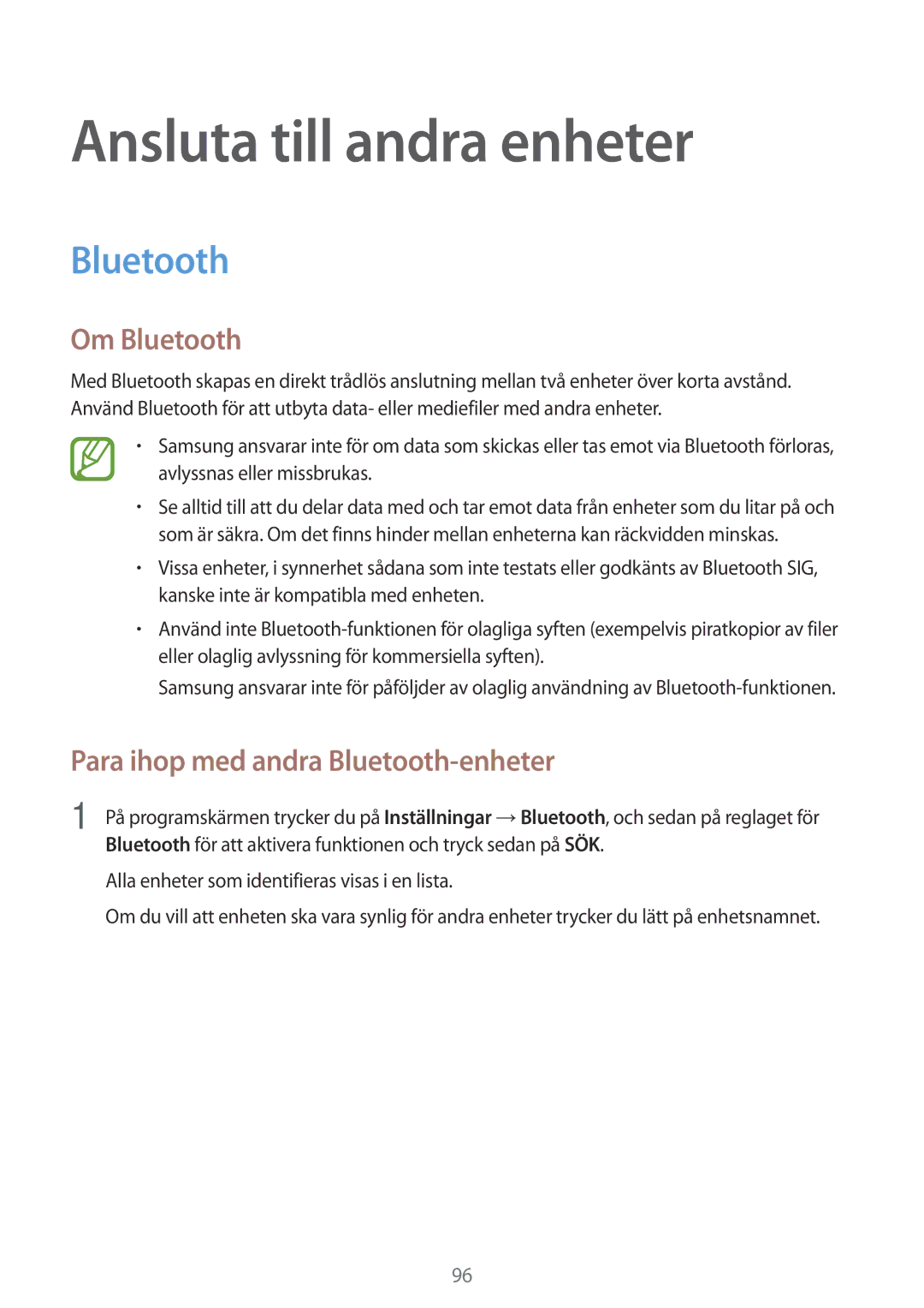 Samsung SM-A500FZWUNEE manual Ansluta till andra enheter, Om Bluetooth, Para ihop med andra Bluetooth-enheter 