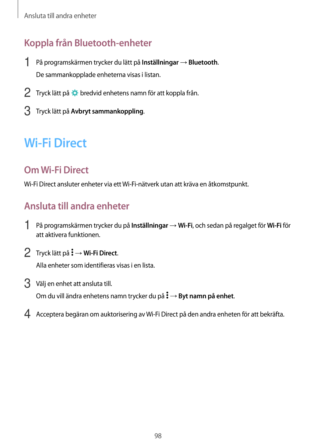 Samsung SM-A500FZWUNEE manual Koppla från Bluetooth-enheter, Om Wi-Fi Direct, Ansluta till andra enheter 