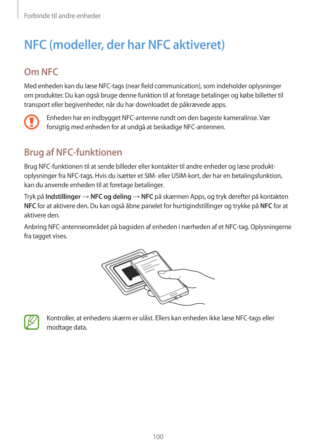 Samsung SM-A500FZWUNEE manual NFC modeller, der har NFC aktiveret, Om NFC, Brug af NFC-funktionen 