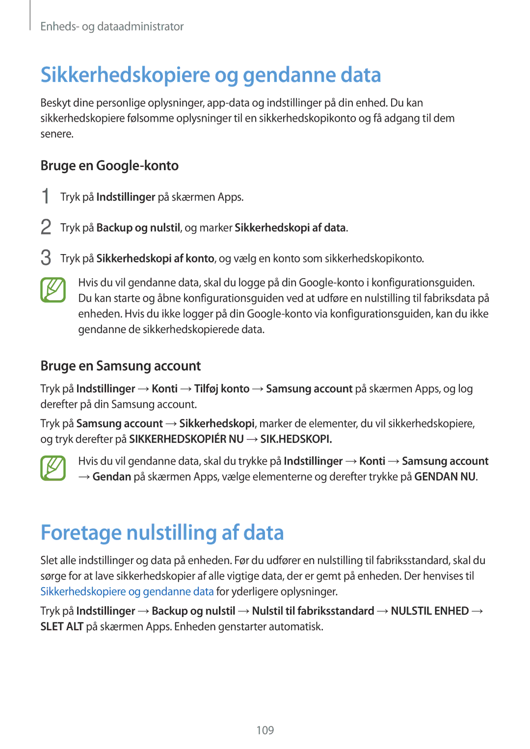 Samsung SM-A500FZWUNEE manual Sikkerhedskopiere og gendanne data, Foretage nulstilling af data, Bruge en Google-konto 