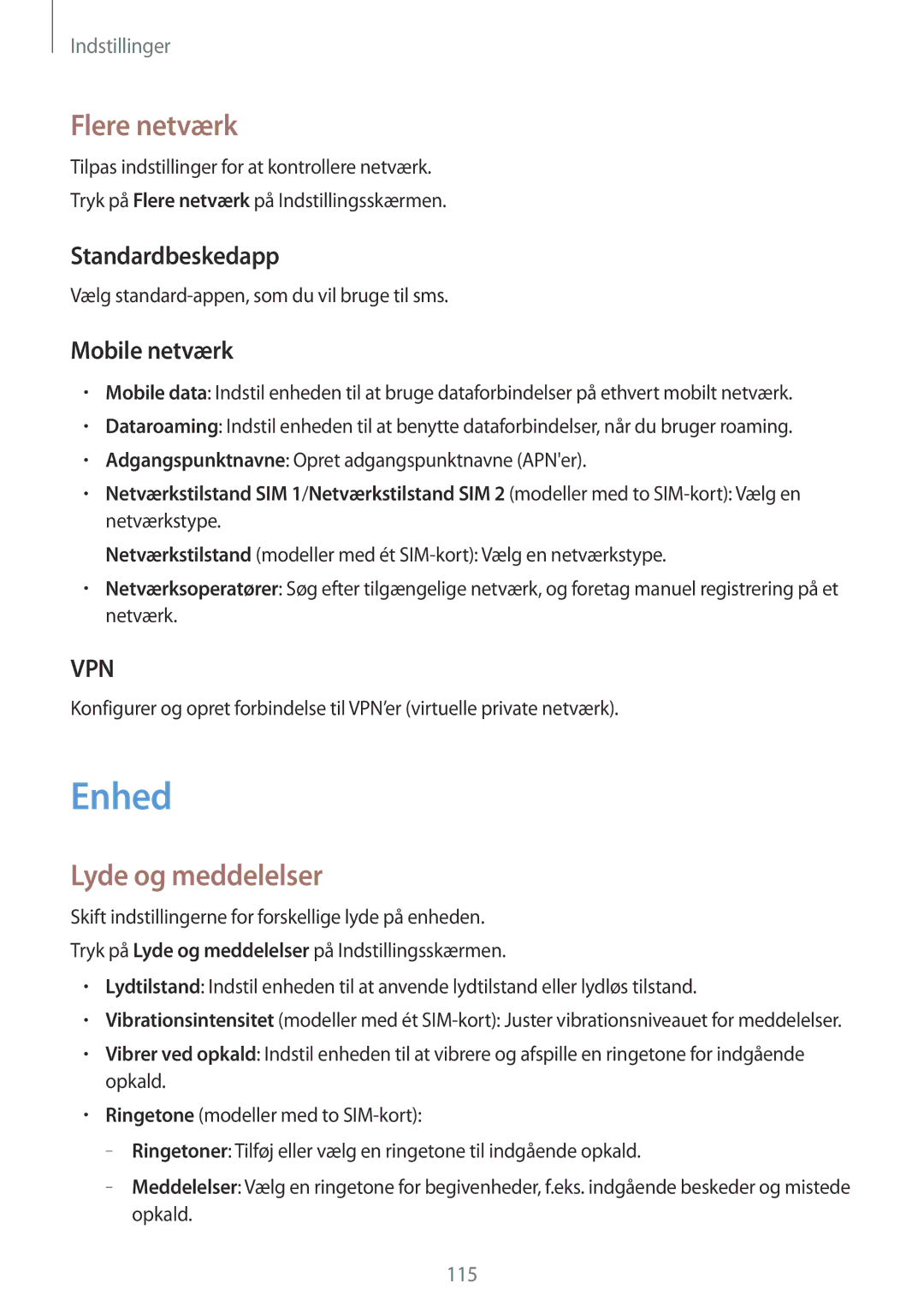 Samsung SM-A500FZWUNEE manual Enhed, Flere netværk, Lyde og meddelelser, Standardbeskedapp, Mobile netværk 