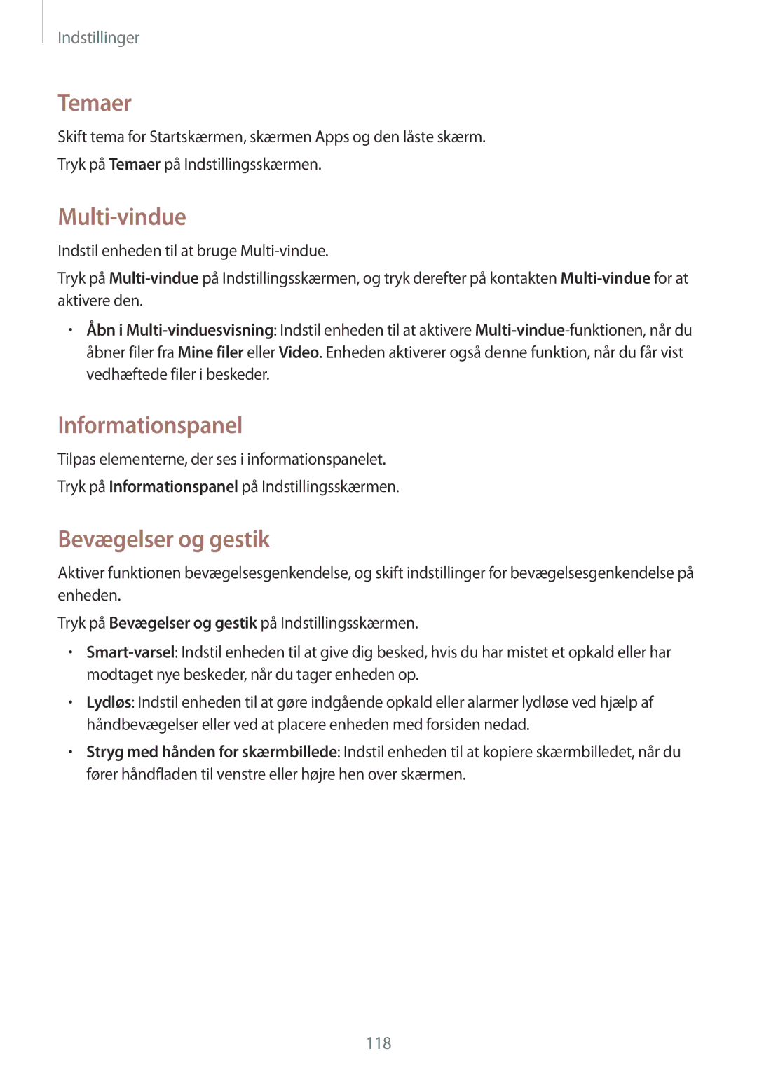 Samsung SM-A500FZWUNEE manual Temaer, Multi-vindue, Informationspanel, Bevægelser og gestik 