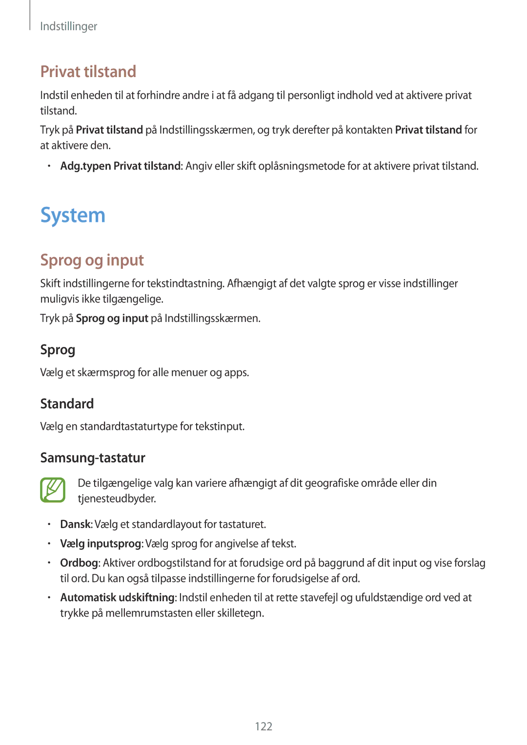 Samsung SM-A500FZWUNEE manual System, Privat tilstand, Sprog og input 