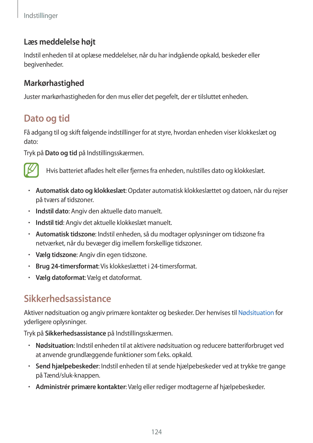 Samsung SM-A500FZWUNEE manual Dato og tid, Sikkerhedsassistance, Læs meddelelse højt, Markørhastighed 