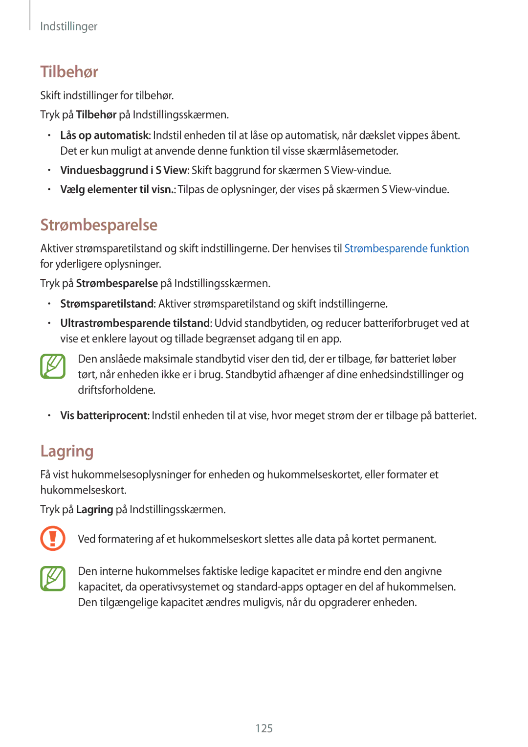 Samsung SM-A500FZWUNEE manual Tilbehør, Strømbesparelse, Lagring 