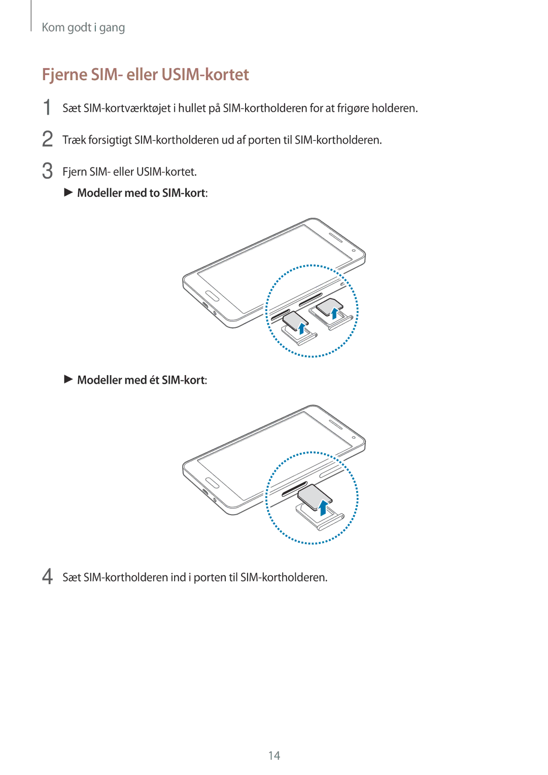 Samsung SM-A500FZWUNEE manual Fjerne SIM- eller USIM-kortet, Fjern SIM- eller USIM-kortet 