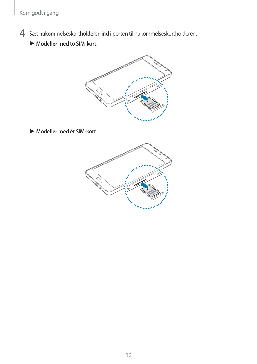 Samsung SM-A500FZWUNEE manual Modeller med to SIM-kort Modeller med ét SIM-kort 