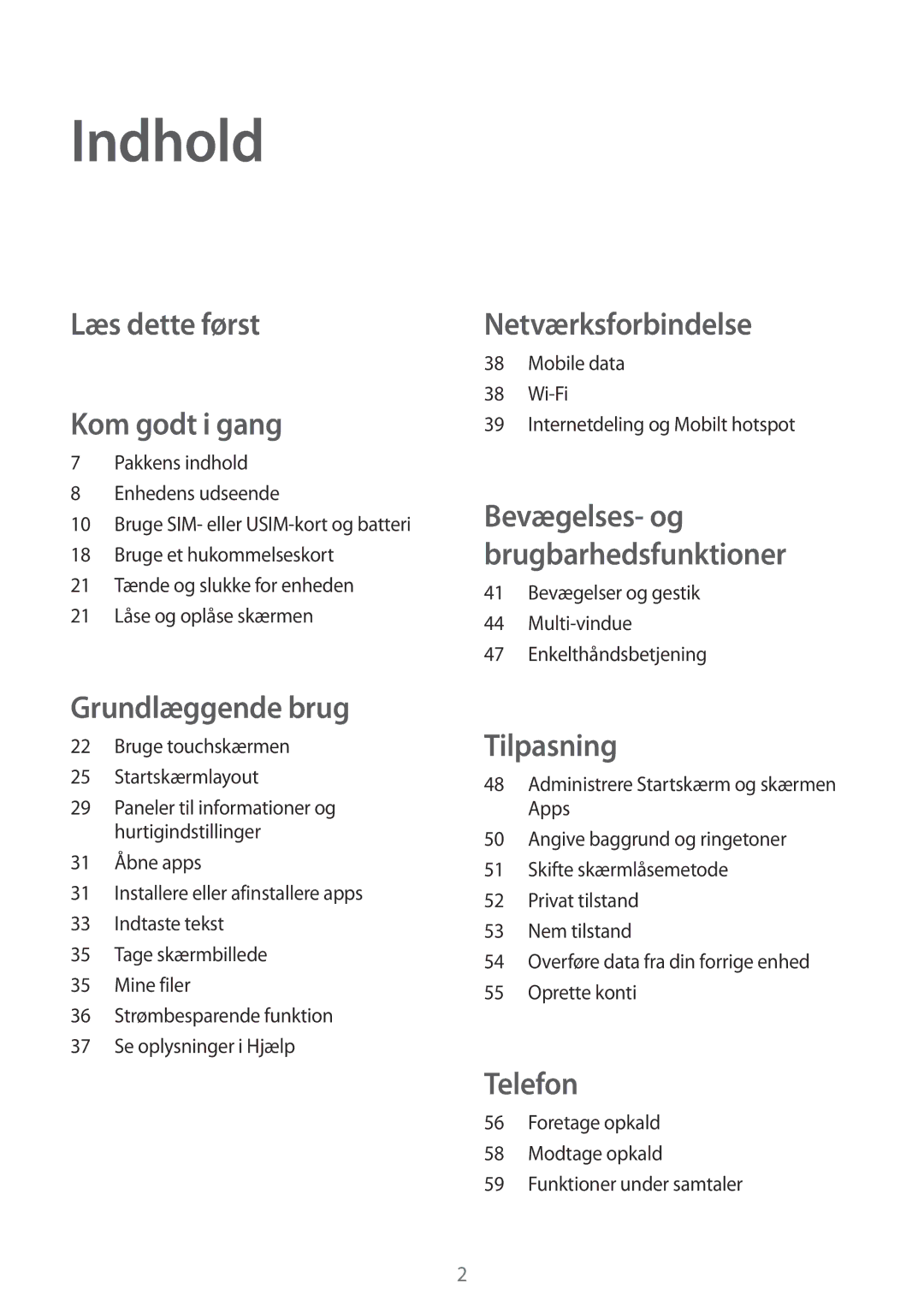 Samsung SM-A500FZWUNEE manual Indhold, Mobile data Wi-Fi Internetdeling og Mobilt hotspot 