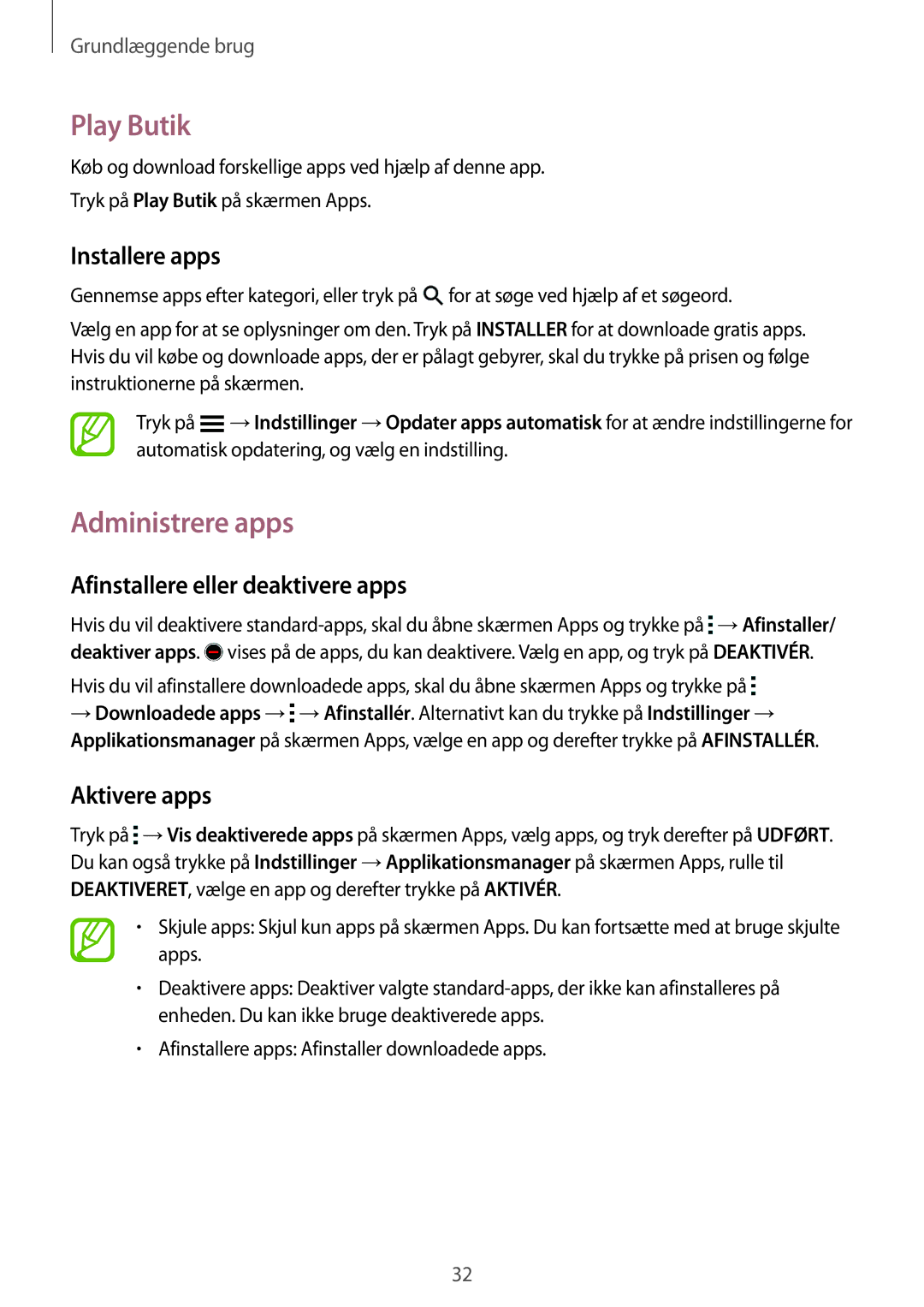 Samsung SM-A500FZWUNEE manual Play Butik, Administrere apps, Afinstallere eller deaktivere apps, Aktivere apps 