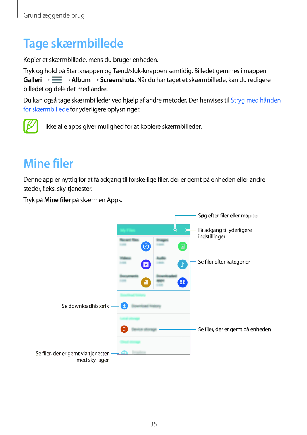 Samsung SM-A500FZWUNEE manual Tage skærmbillede, Mine filer 