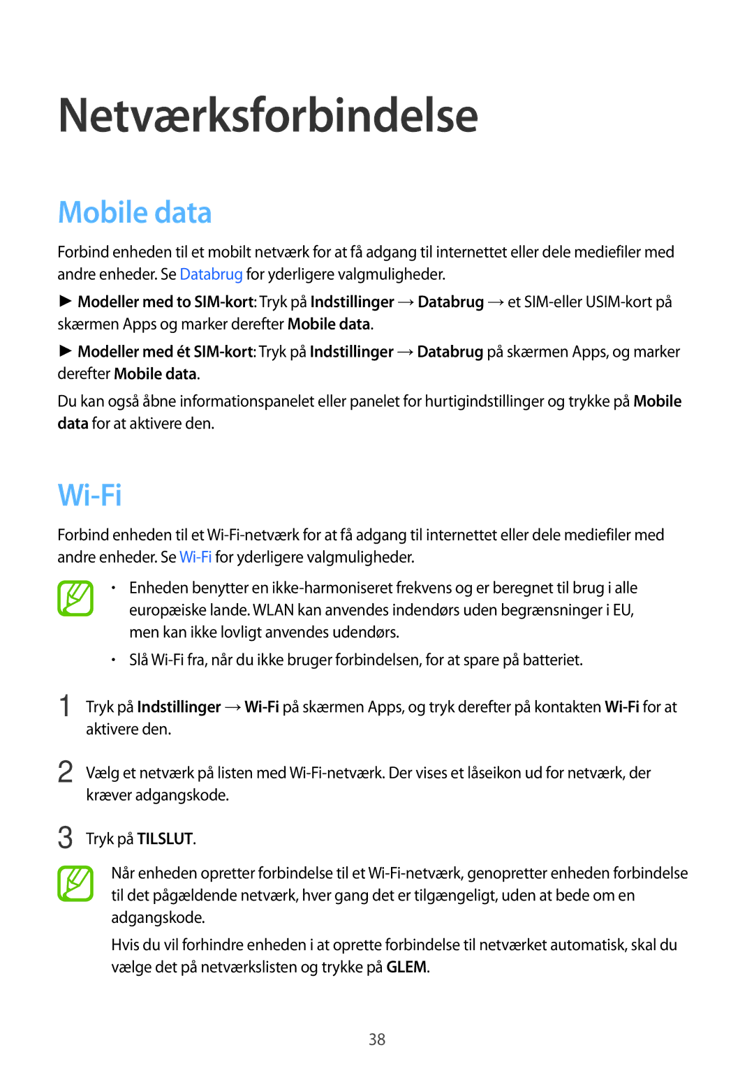 Samsung SM-A500FZWUNEE manual Netværksforbindelse, Mobile data, Wi-Fi 