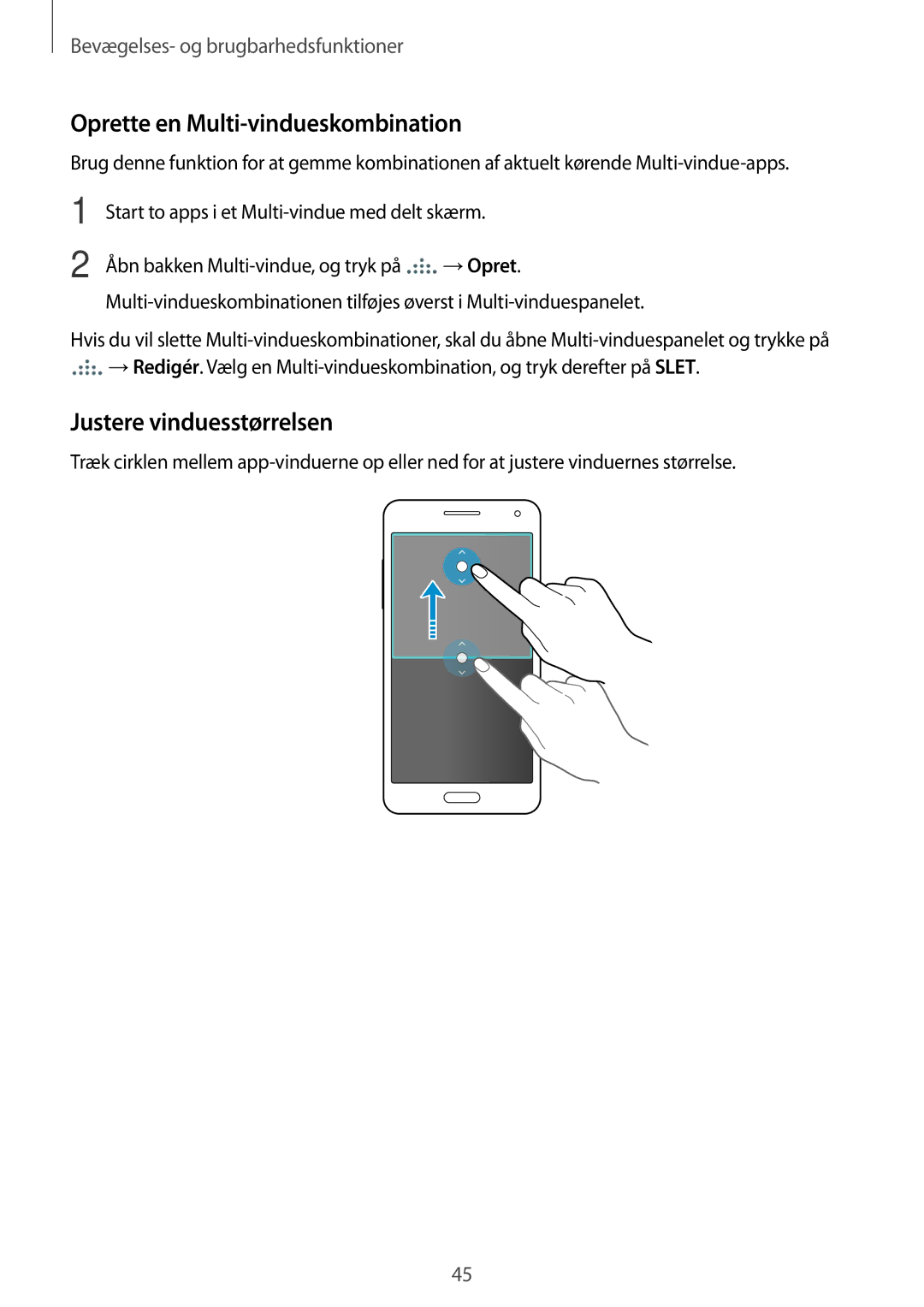 Samsung SM-A500FZWUNEE manual Oprette en Multi-vindueskombination, Justere vinduesstørrelsen 