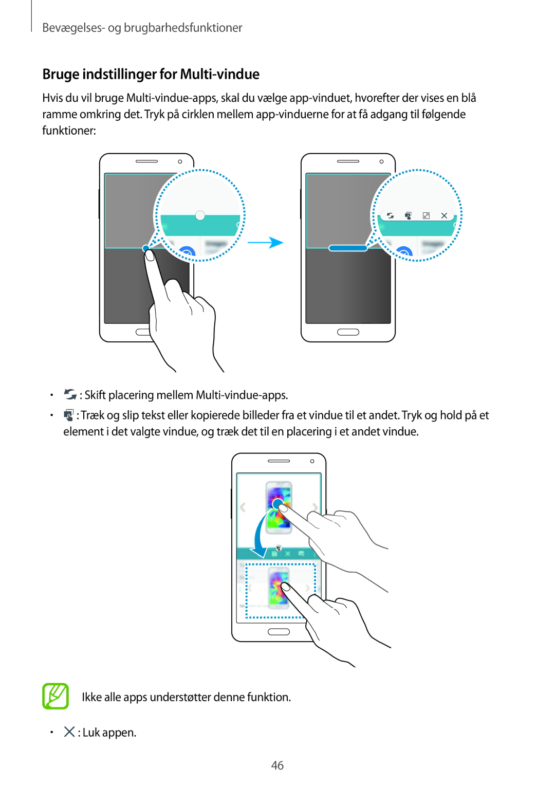 Samsung SM-A500FZWUNEE manual Bruge indstillinger for Multi-vindue, Ikke alle apps understøtter denne funktion Luk appen 