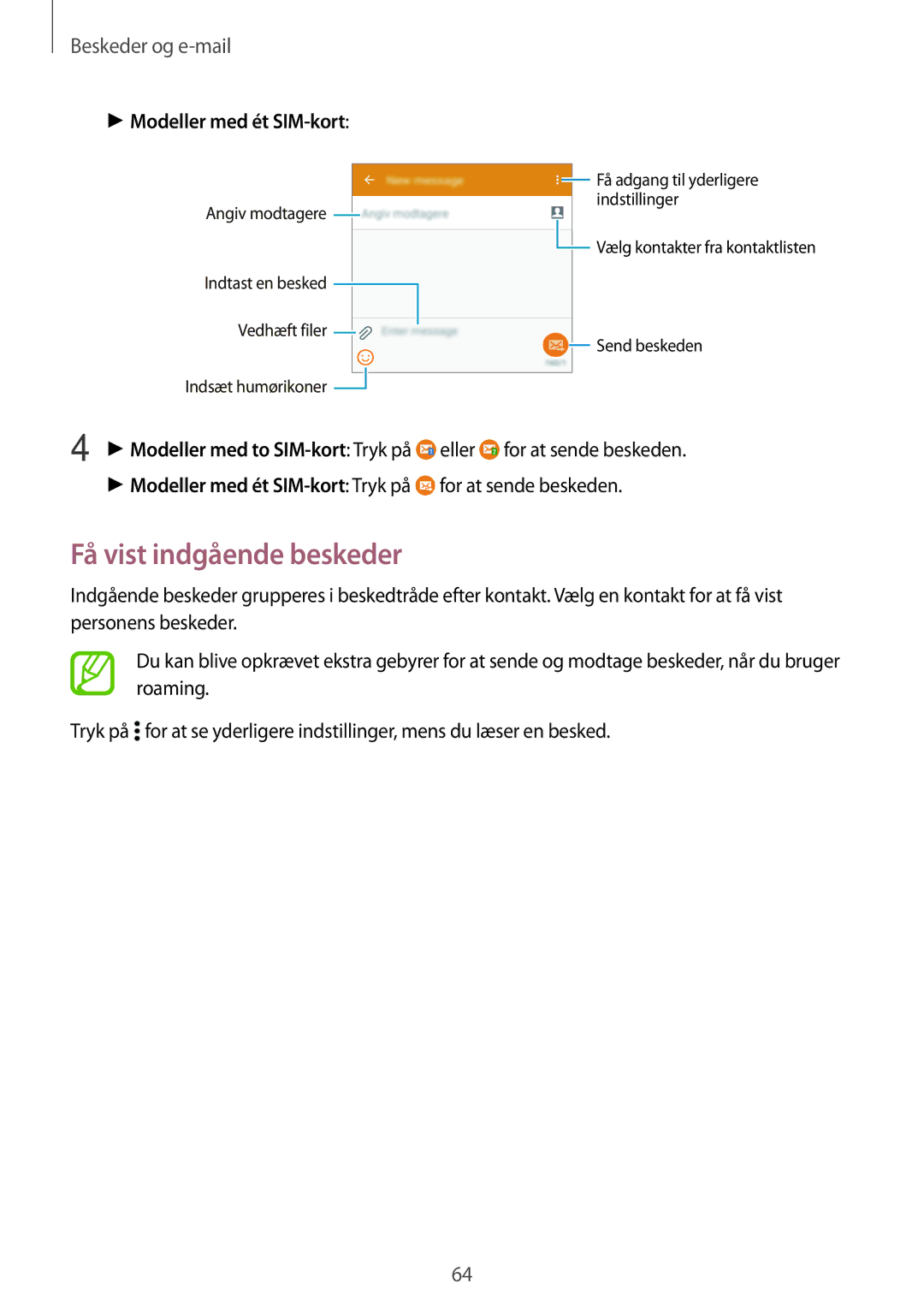 Samsung SM-A500FZWUNEE manual Få vist indgående beskeder, Beskeder og e-mail 