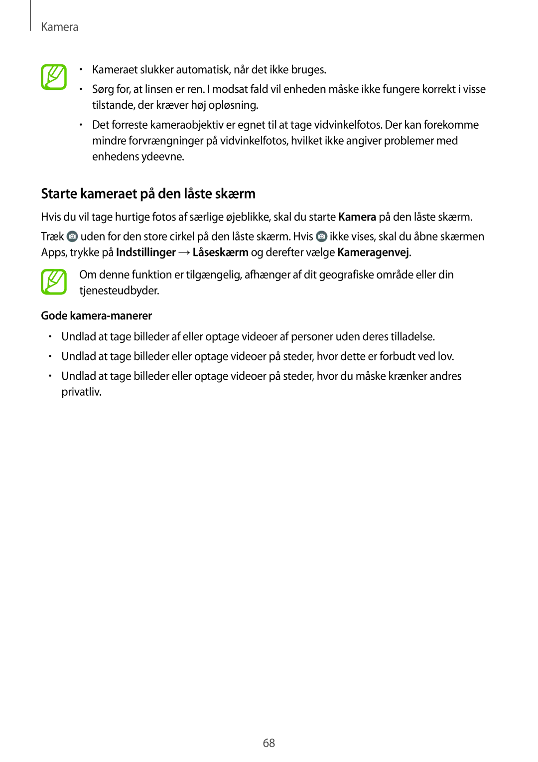 Samsung SM-A500FZWUNEE manual Starte kameraet på den låste skærm, Gode kamera-manerer 