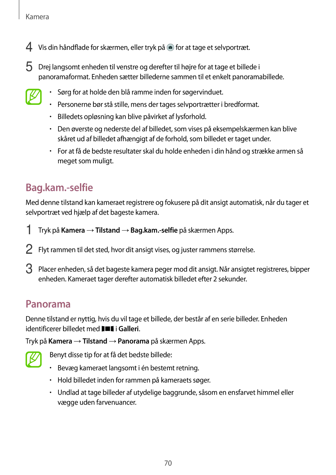 Samsung SM-A500FZWUNEE manual Panorama, Tryk på Kamera →Tilstand →Bag.kam.-selfie på skærmen Apps 
