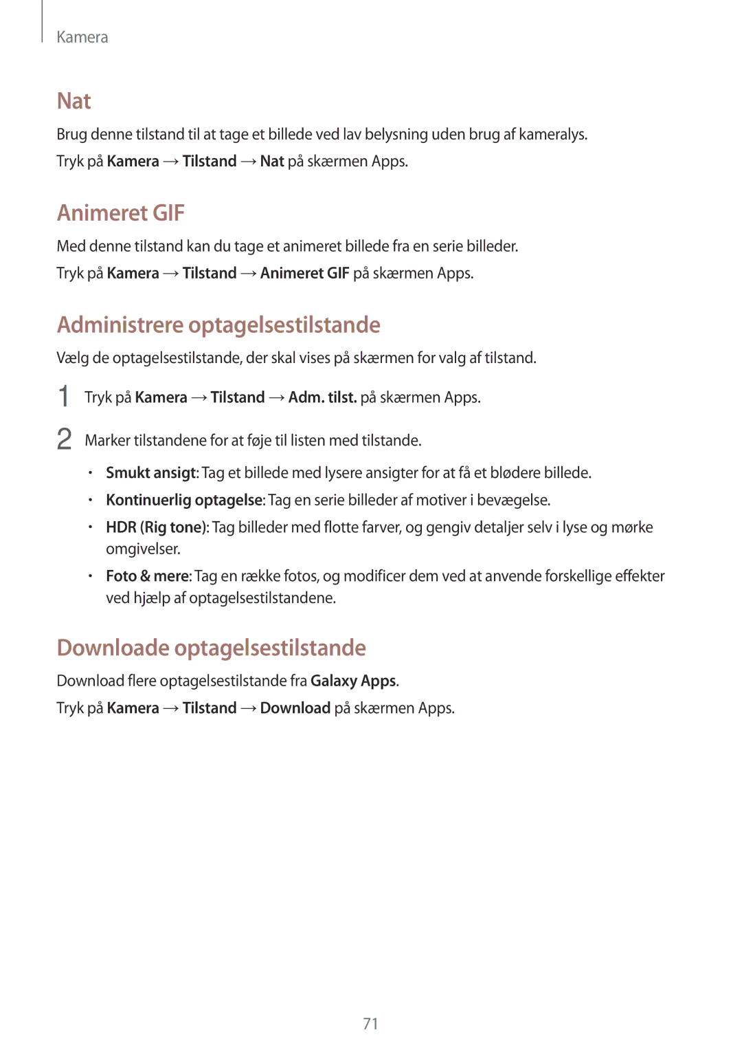 Samsung SM-A500FZWUNEE manual Nat, Animeret GIF, Administrere optagelsestilstande, Downloade optagelsestilstande 