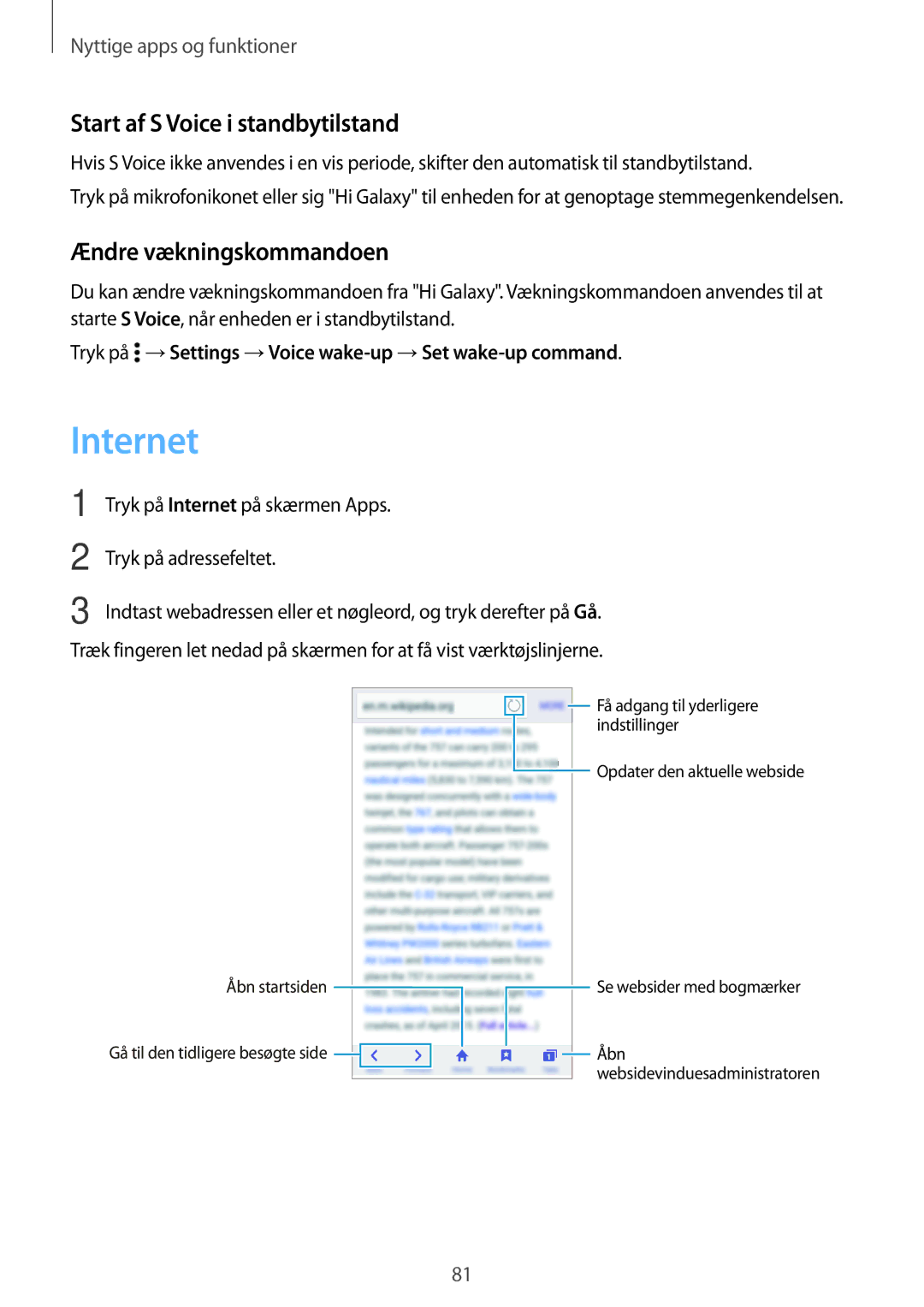 Samsung SM-A500FZWUNEE manual Internet, Start af S Voice i standbytilstand, Ændre vækningskommandoen 