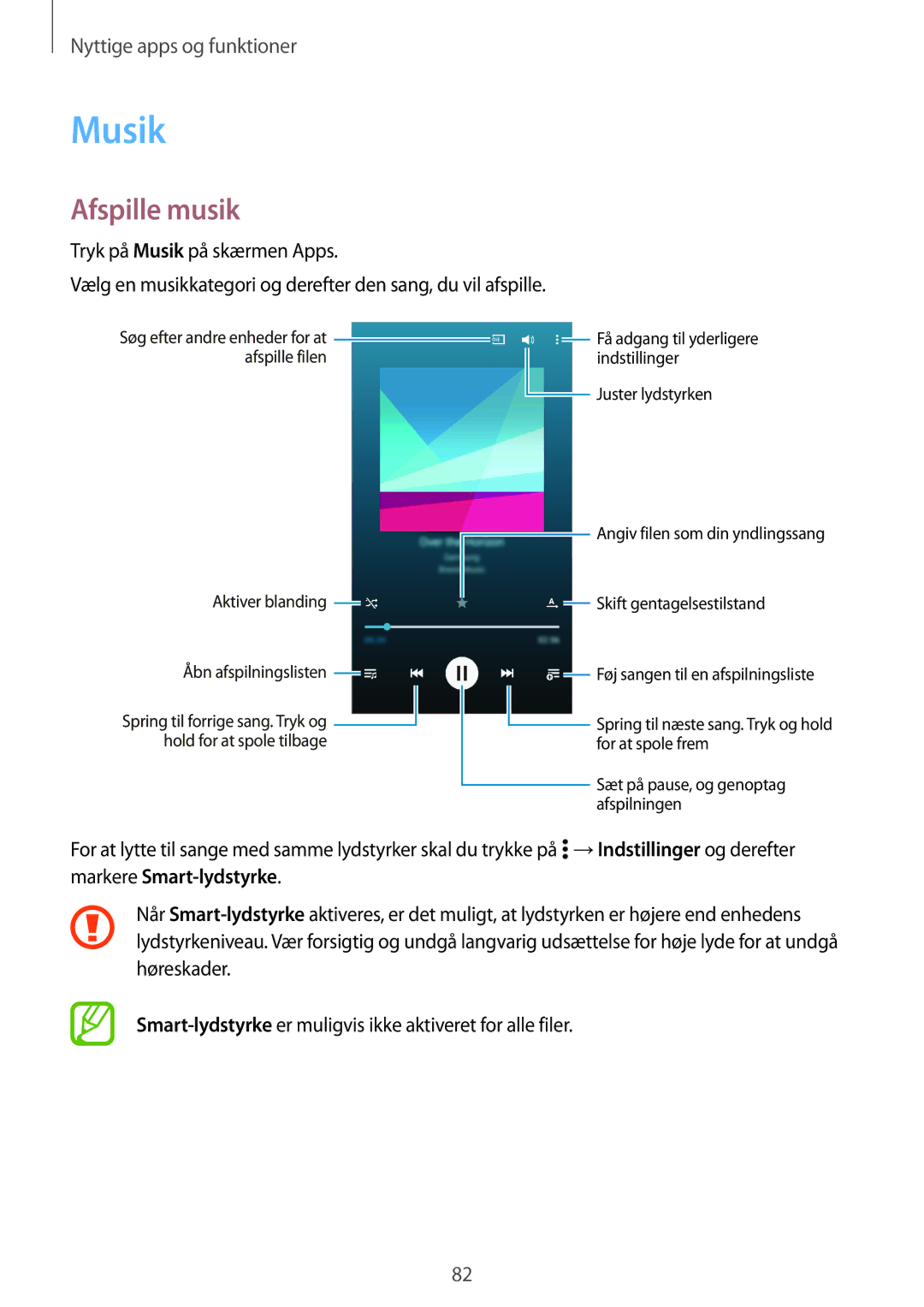 Samsung SM-A500FZWUNEE manual Musik, Afspille musik 