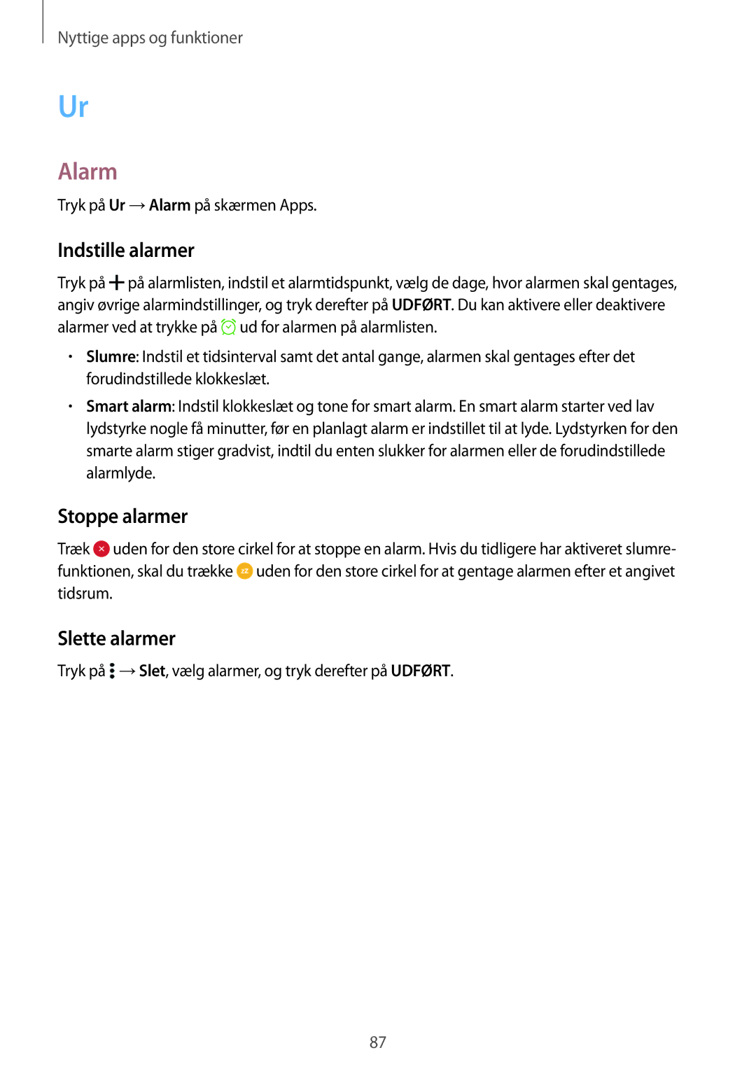 Samsung SM-A500FZWUNEE manual Alarm, Indstille alarmer, Stoppe alarmer, Slette alarmer 