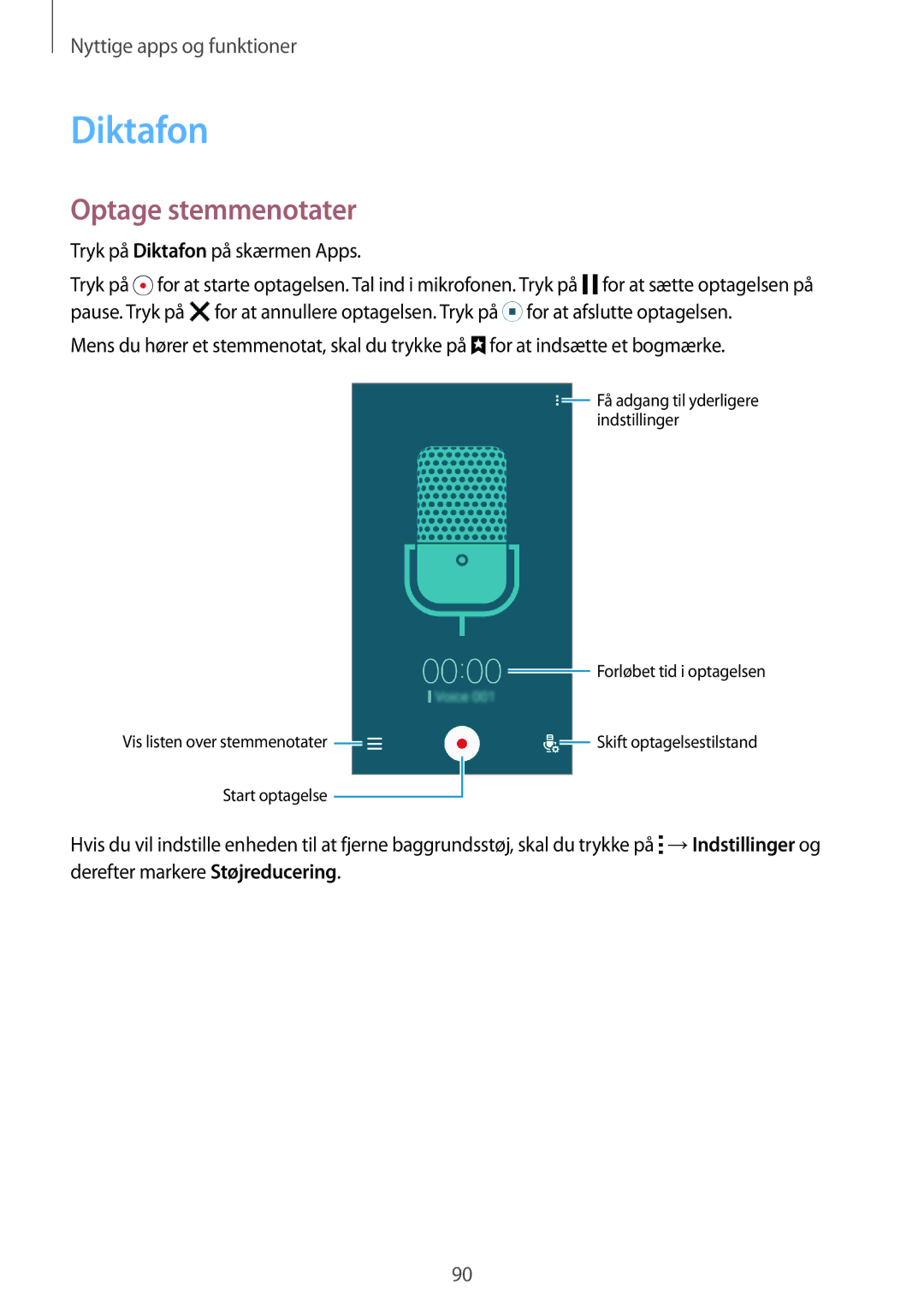 Samsung SM-A500FZWUNEE manual Optage stemmenotater, Tryk på Diktafon på skærmen Apps 