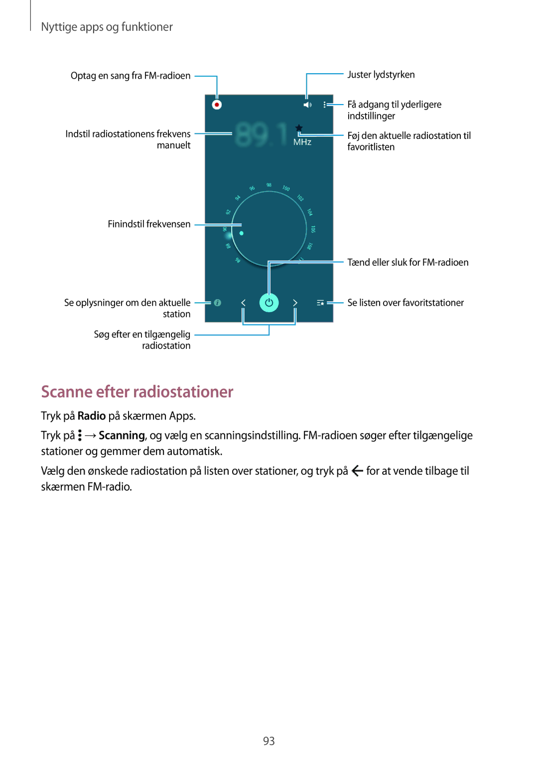 Samsung SM-A500FZWUNEE manual Scanne efter radiostationer, Tryk på Radio på skærmen Apps 