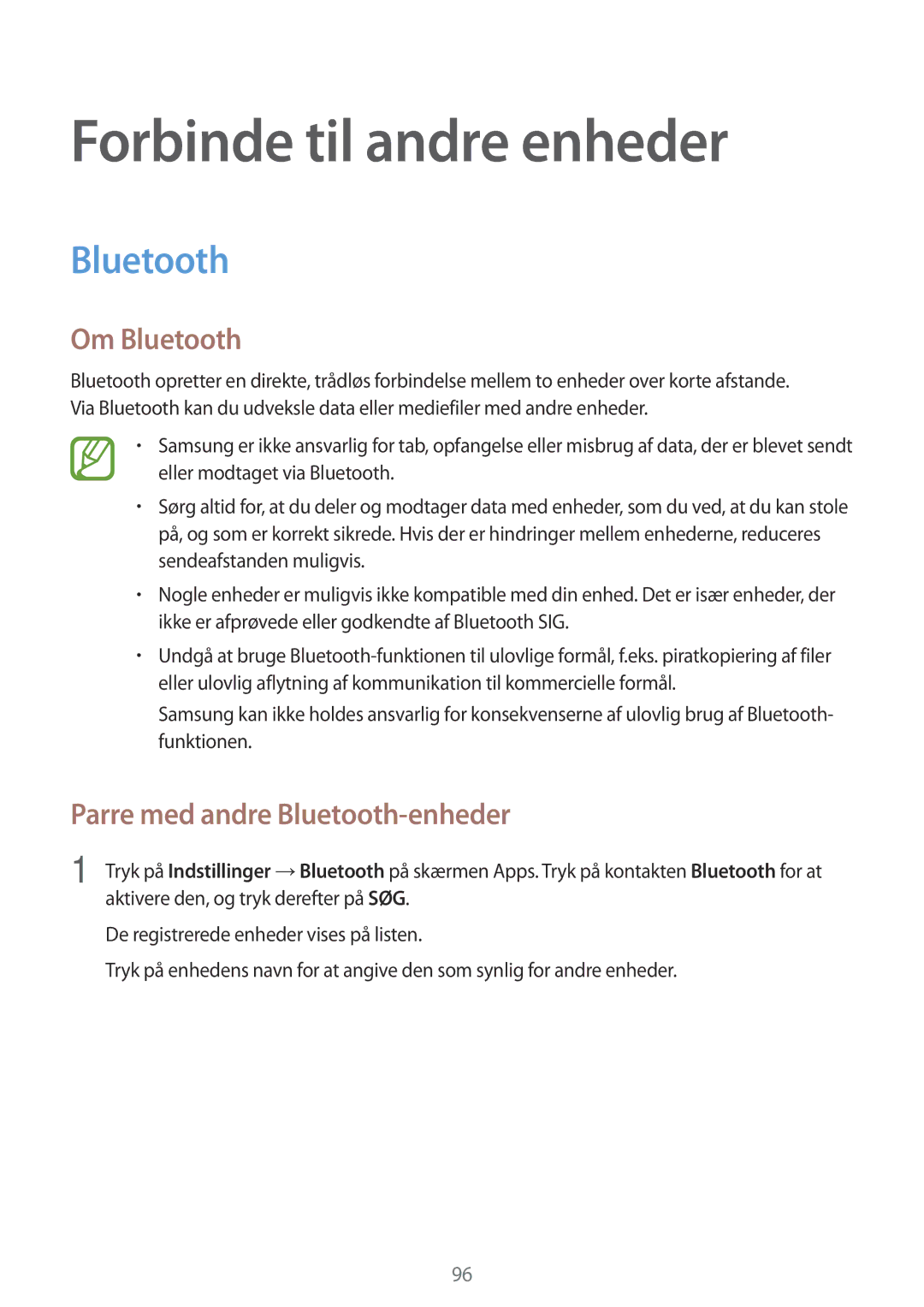 Samsung SM-A500FZWUNEE manual Forbinde til andre enheder, Om Bluetooth, Parre med andre Bluetooth-enheder 