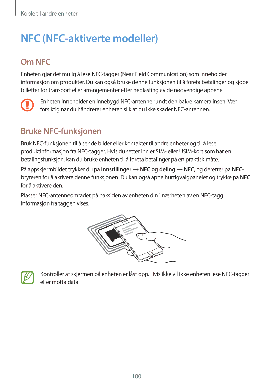 Samsung SM-A500FZWUNEE manual NFC NFC-aktiverte modeller, Om NFC, Bruke NFC-funksjonen 